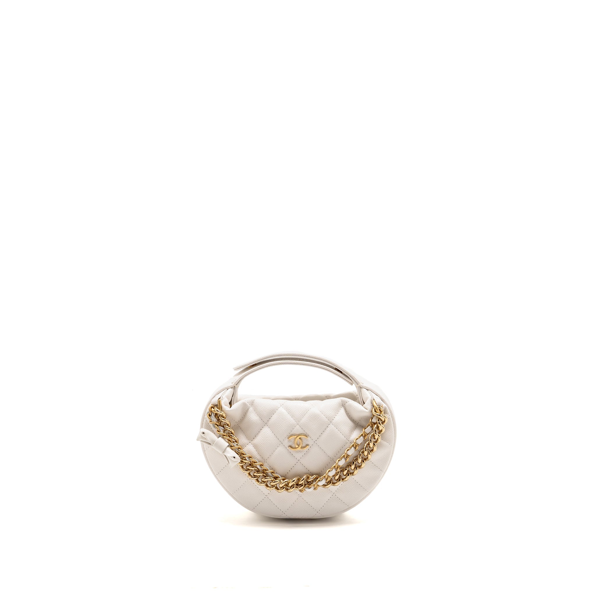 CHANEL 24S MINI ROUND BOW POUCH BAG WITH CHAIN CAVIAR WHITE GHW (MICROCHIP)
