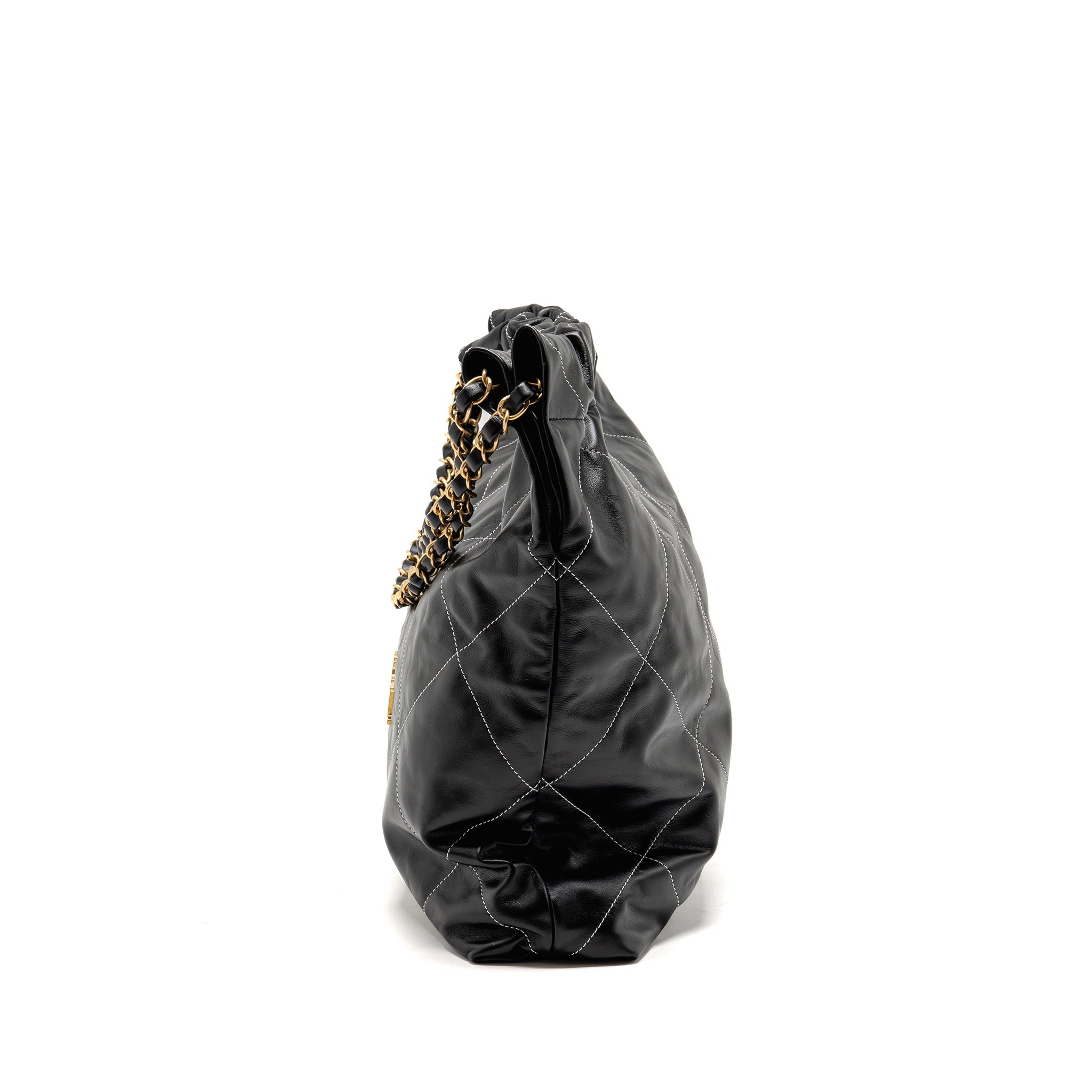 CHANEL MEDIUM 22 BAG WHITE STITCHING CALFSKIN BLACK GHW (MICROCHIP)