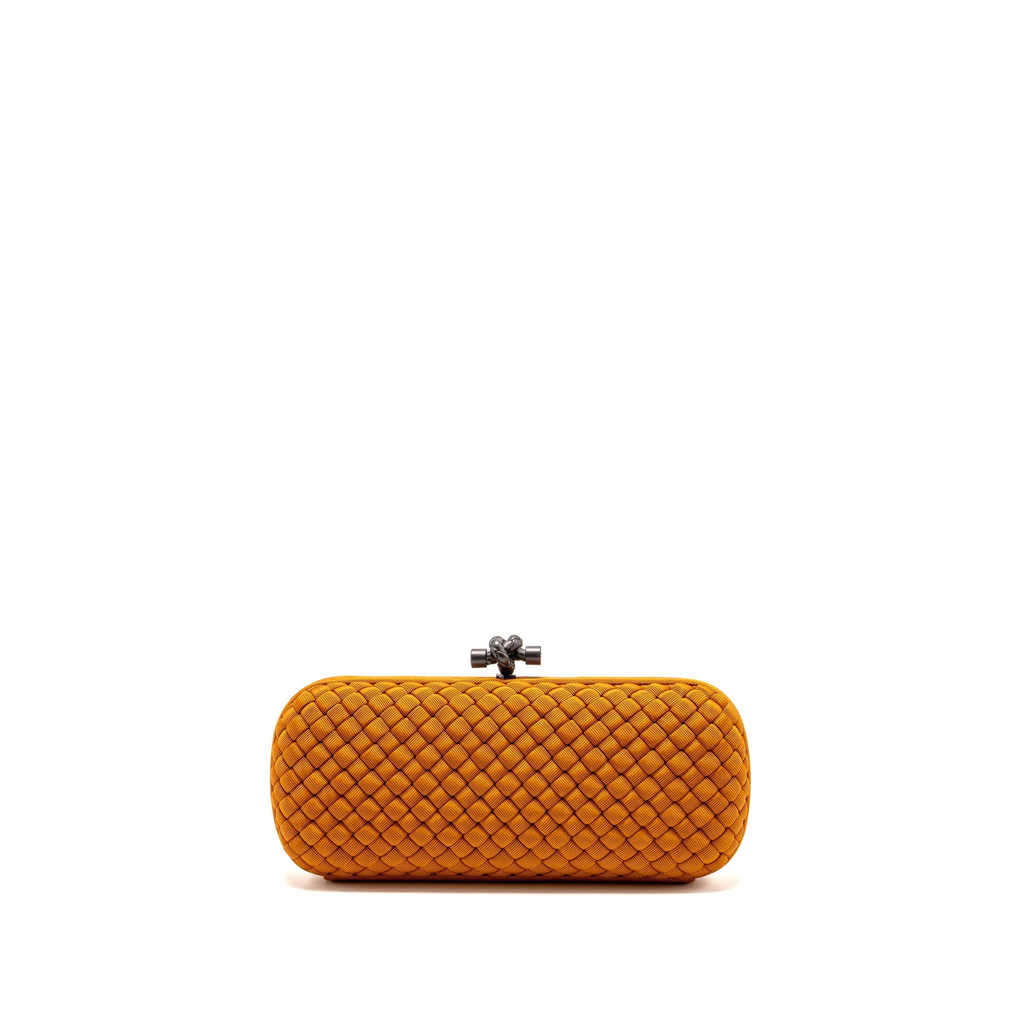 BOTTEGA VENETA INTRECCIO IMPERO AYERS STRETCH KNOT CLUTCH SATIN ORANGE RUTHENIUM HARDWARE