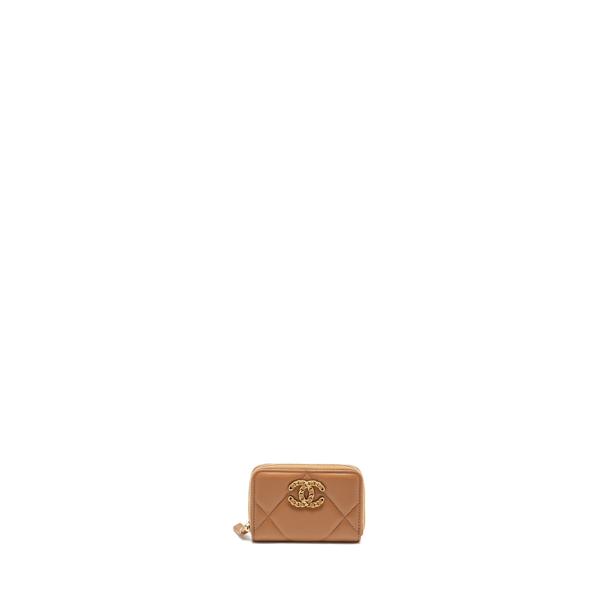 CHANEL 19 ZIP CARD HOLDER LAMBSKIN BEIGE GHW (MICROCHIP)