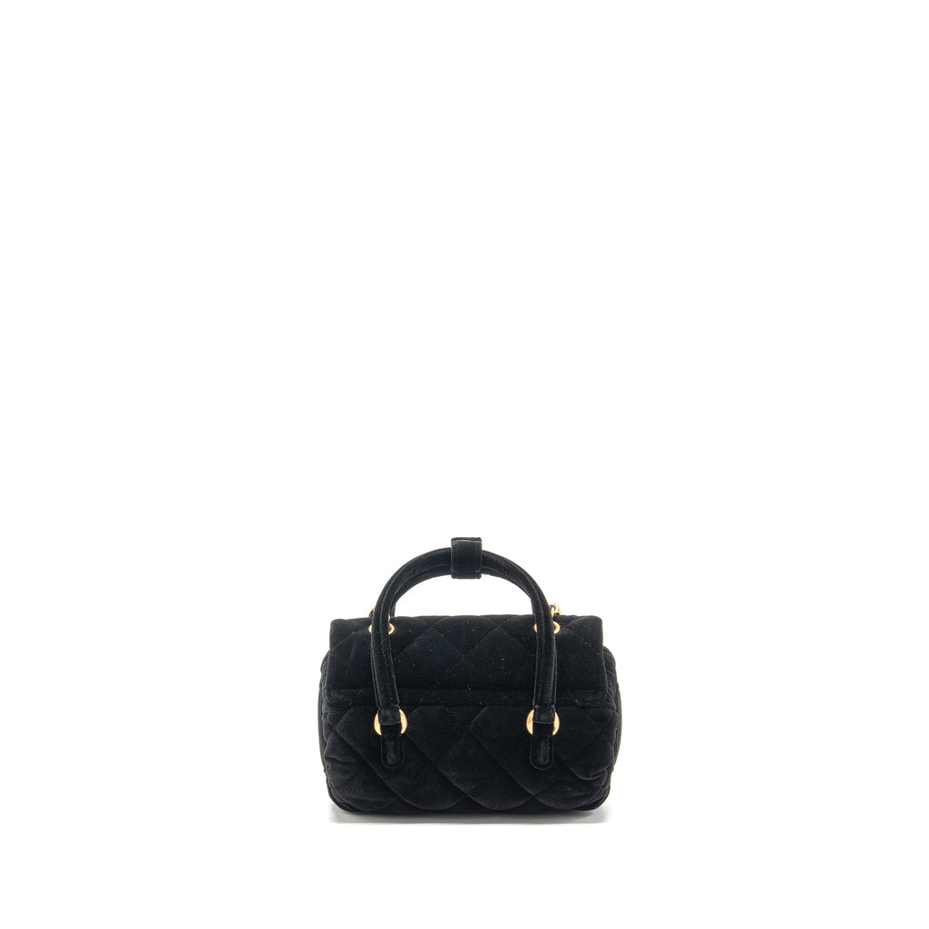CHANEL MINI BOWLING CLUTCH WITH CHAIN VELVET BLACK GHW (MICROCHIP)