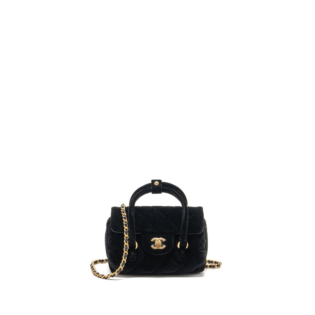 CHANEL MINI BOWLING CLUTCH WITH CHAIN VELVET BLACK GHW (MICROCHIP)
