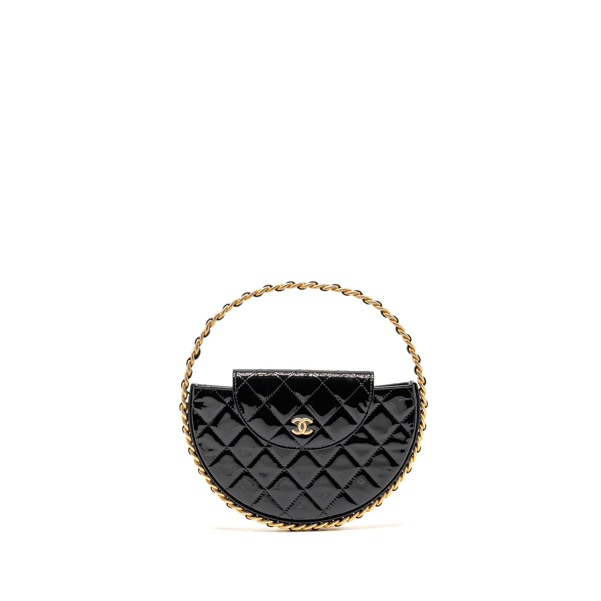 CHANEL ROUND CLUTCH PATENT LEATHER BLACK GHW (MICROCHIP)