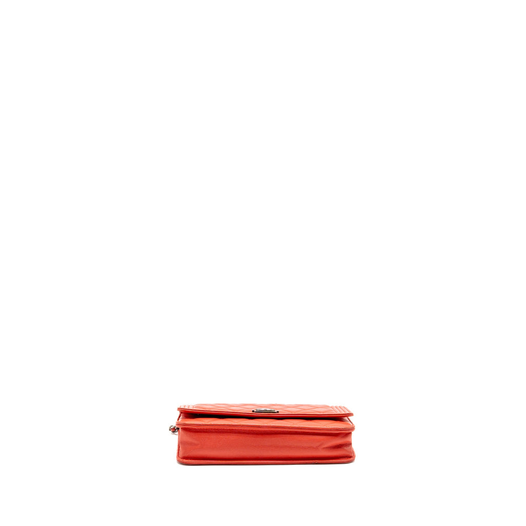 CHANEL BOY WALLET ON CHAIN LAMBSKIN RED RUTHENIUM SILVER HARDWARE