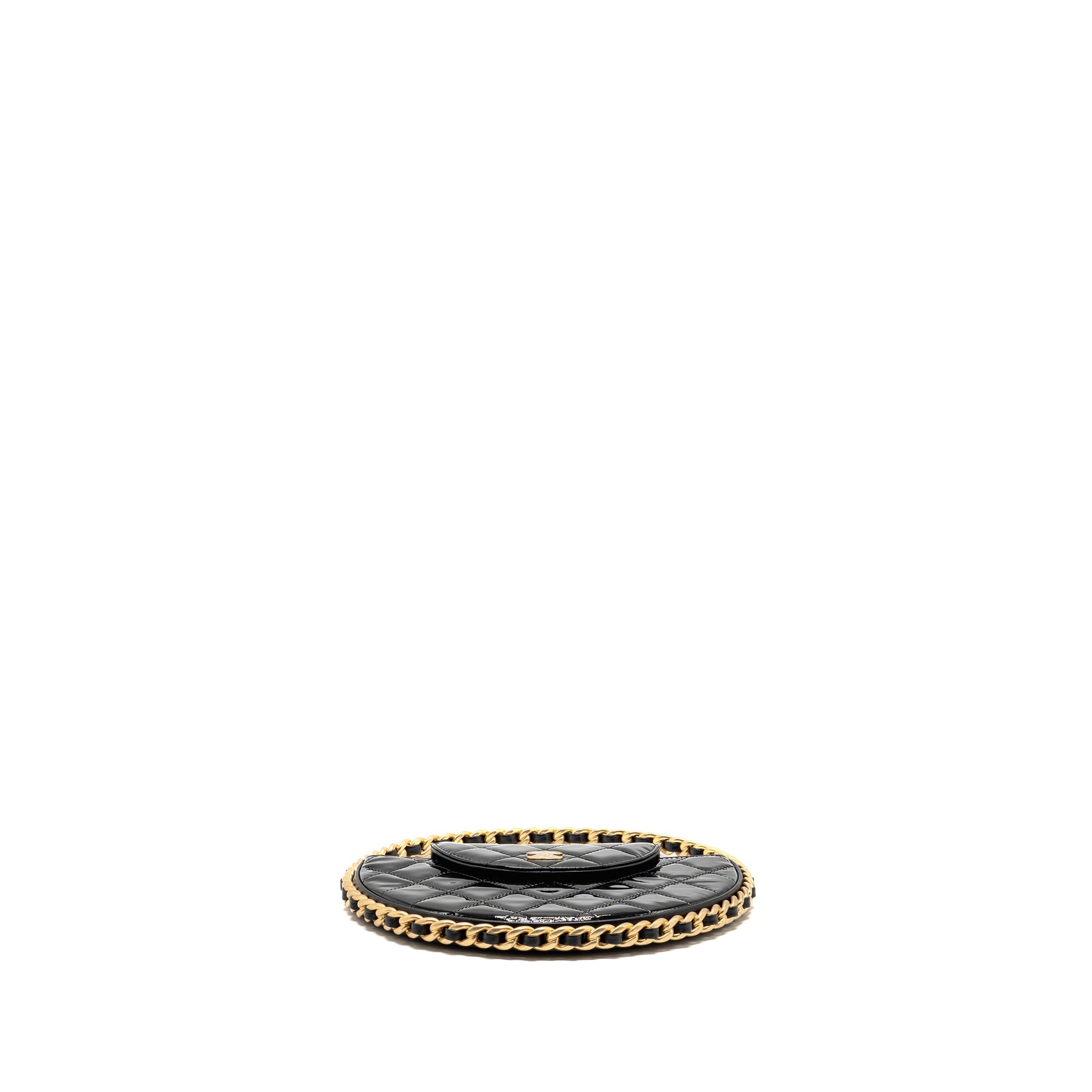 CHANEL ROUND CLUTCH PATENT LEATHER BLACK GHW (MICROCHIP)