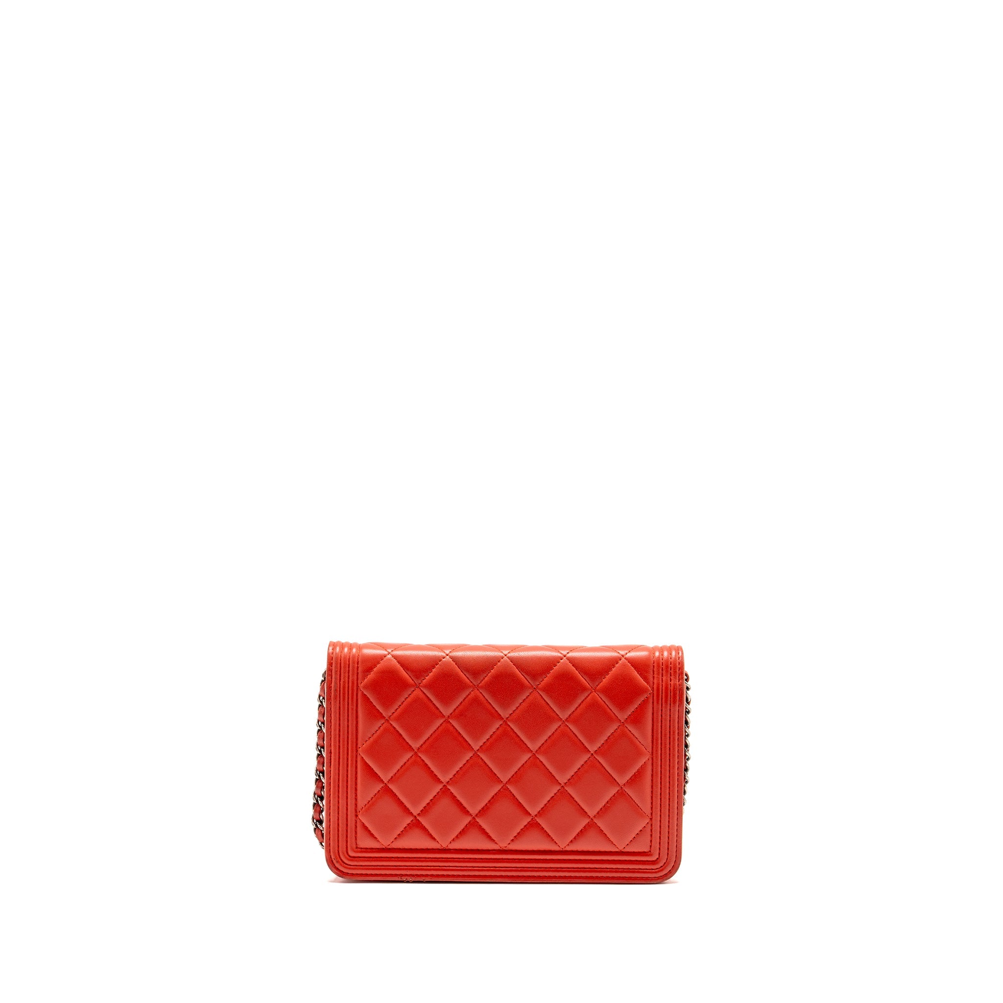 CHANEL BOY WALLET ON CHAIN LAMBSKIN RED RUTHENIUM SILVER HARDWARE