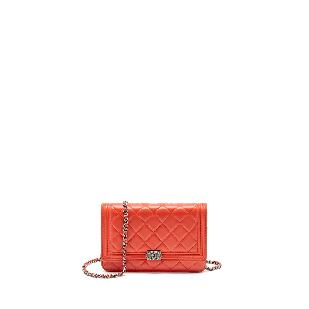 CHANEL BOY WALLET ON CHAIN LAMBSKIN RED RUTHENIUM SILVER HARDWARE