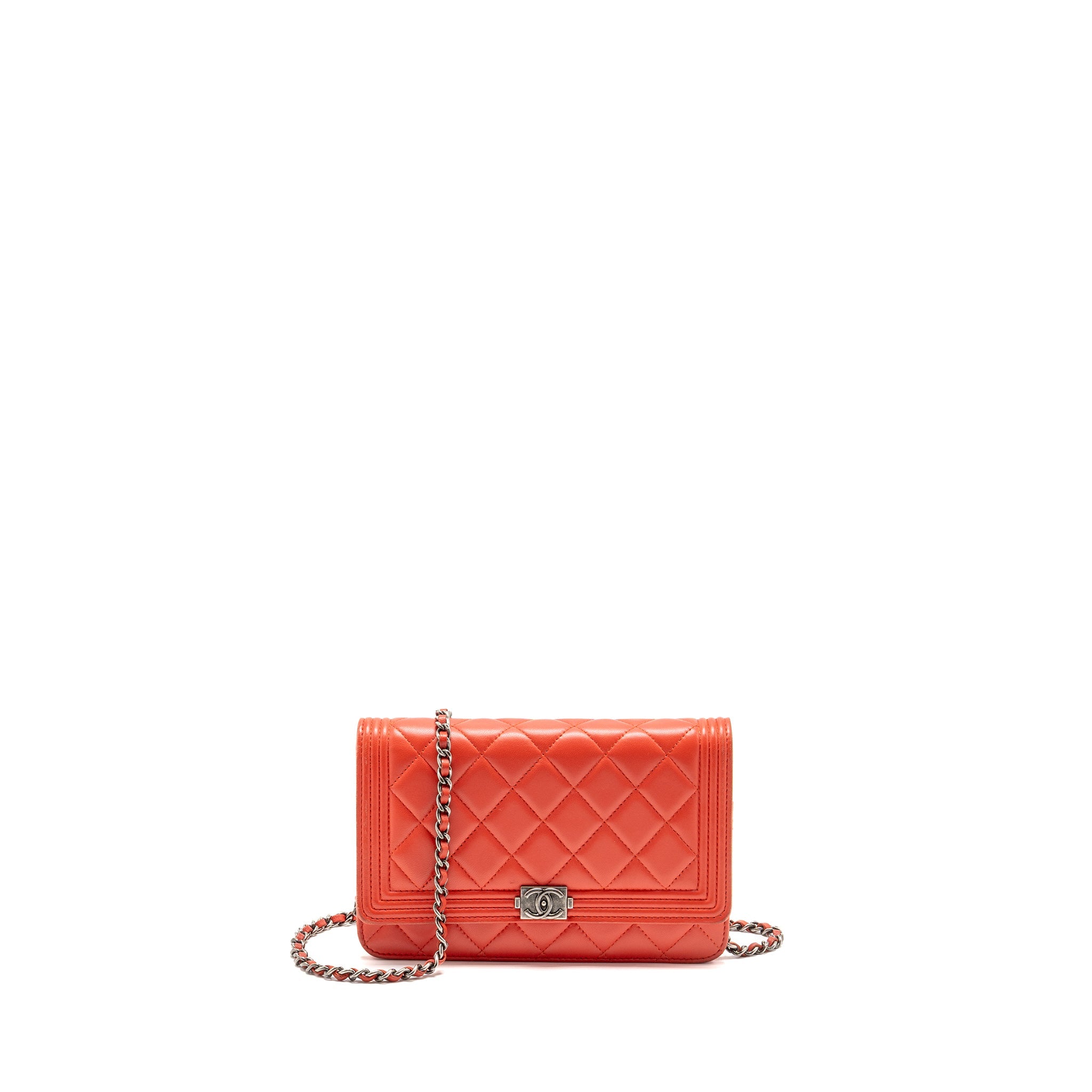 CHANEL BOY WALLET ON CHAIN LAMBSKIN RED RUTHENIUM SILVER HARDWARE