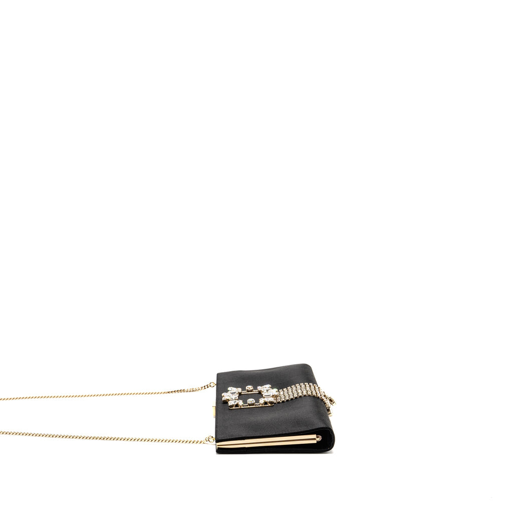 ROGER VIVIER STRASS BUCKLED CLUTCH/PURSE WITH CHAIN SATIN BLACK LGHW