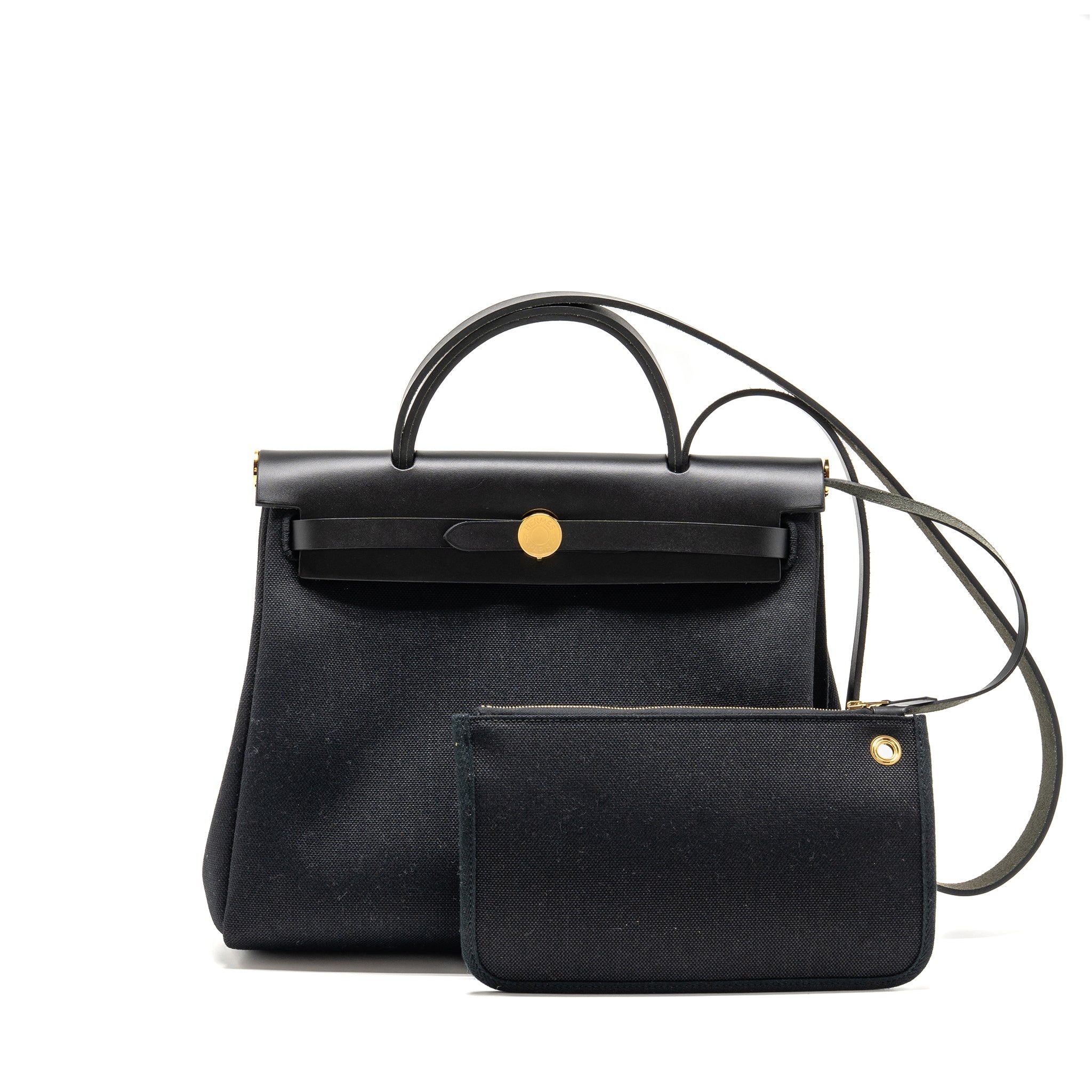 HERMES HERBAG 31 ZIP BAG CANVAS/ HUNTER LEATHER BLACK GHW