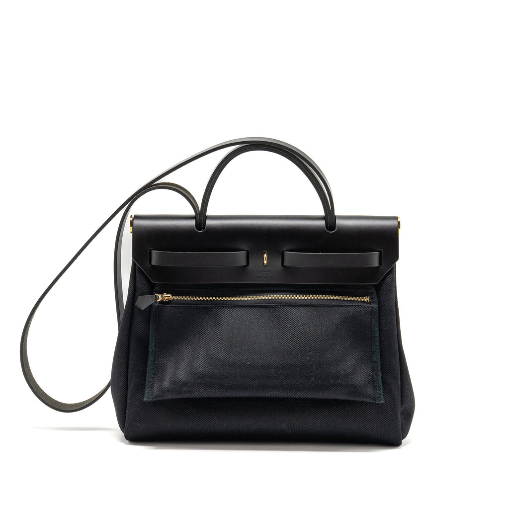 HERMES HERBAG 31 ZIP BAG CANVAS/ HUNTER LEATHER BLACK GHW