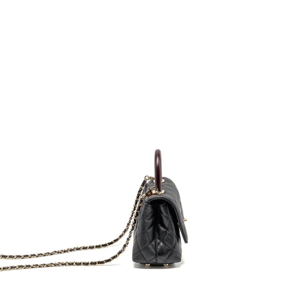 CHANEL MINI COCO HANDLE CAVIAR BLACK / BURGUNDY HANDLE LGHW (MICROCHIP)