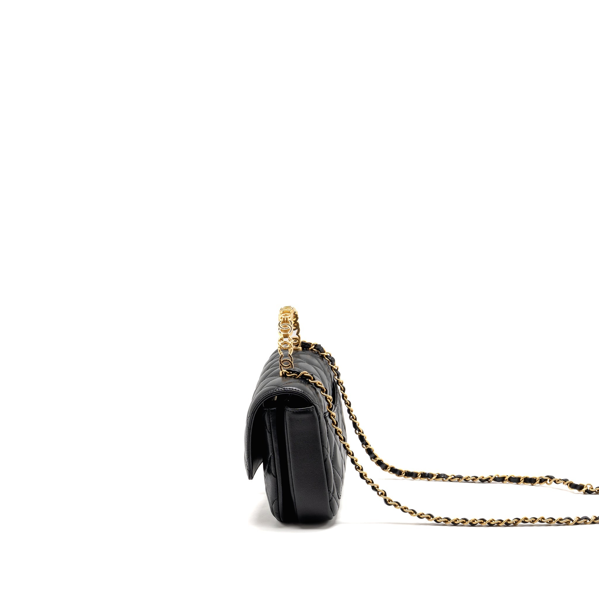 CHANEL 24S CC LOGO TOP HANDLE FLAP BAG WITH CHAIN LAMBSKIN BLACK GHW (MICROCHIP)