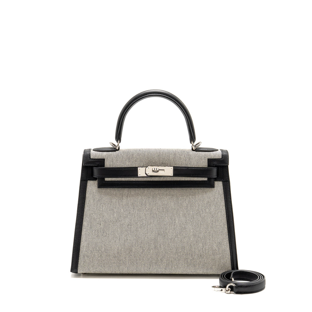 HERMES KELLY 28 SELLIER TOILE H / SWIFT ECRU - BLACK / BLACK SHW
