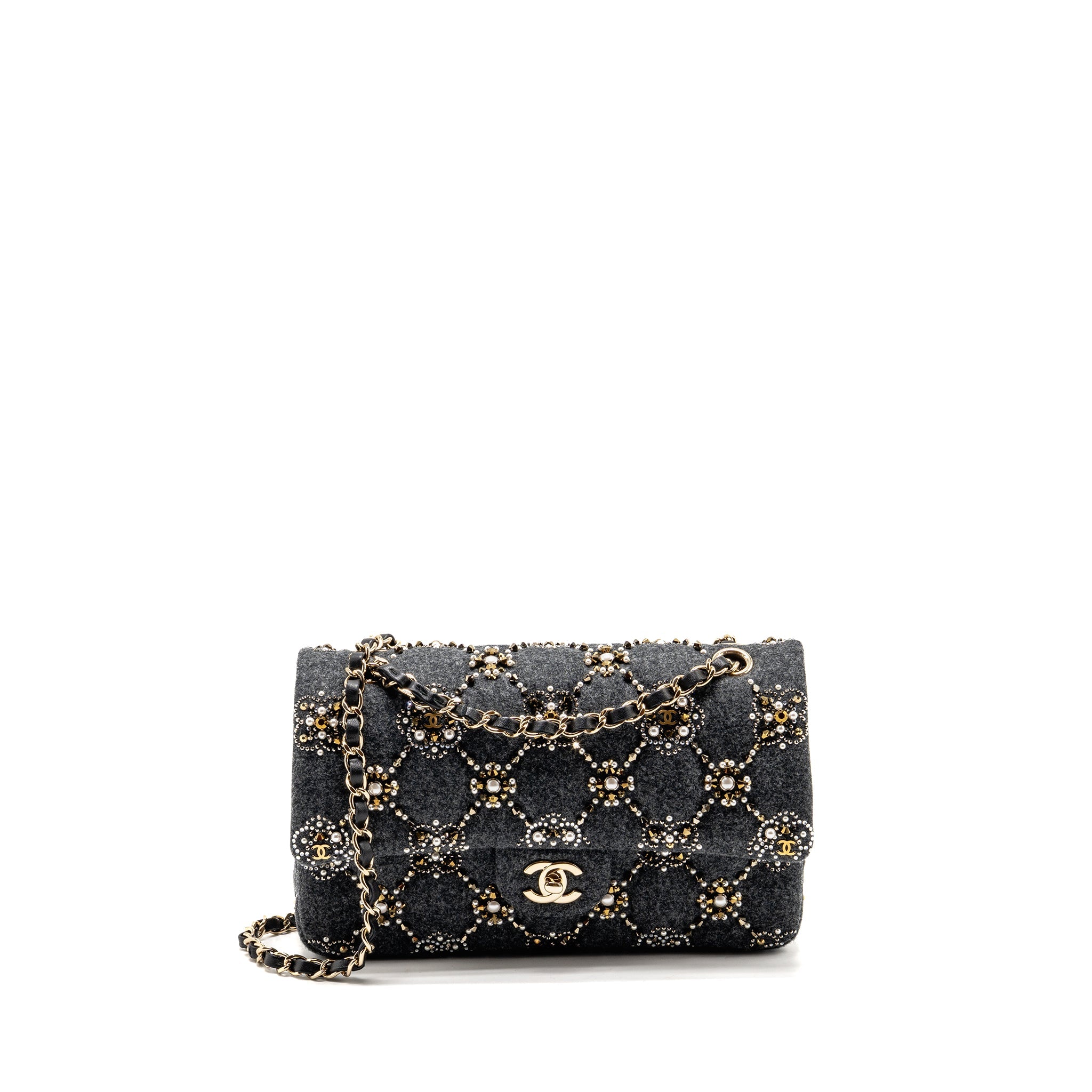 CHANEL 21A PEARL STRASS CRYSTAL MEDIUM CLASSIC DOUBLE FLAP BAG FABRIC GREY LGHW
