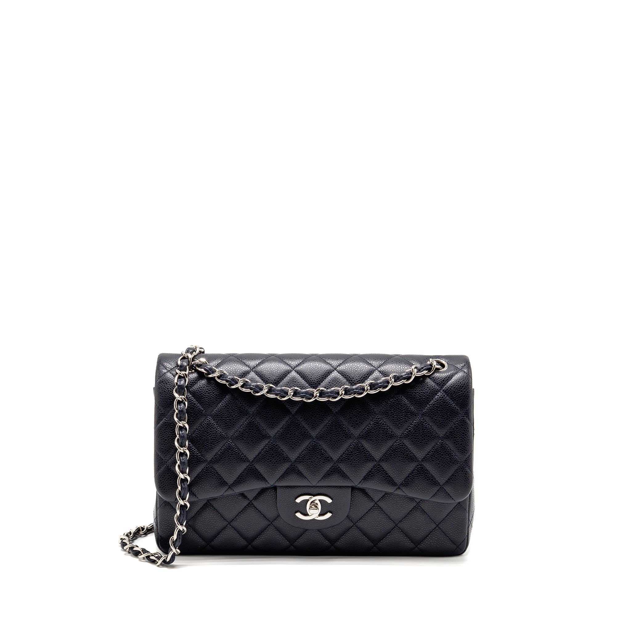 CHANEL JUMBO CLASSIC DOUBLE FLAP BAG CAVIAR DARK BLUE SHW