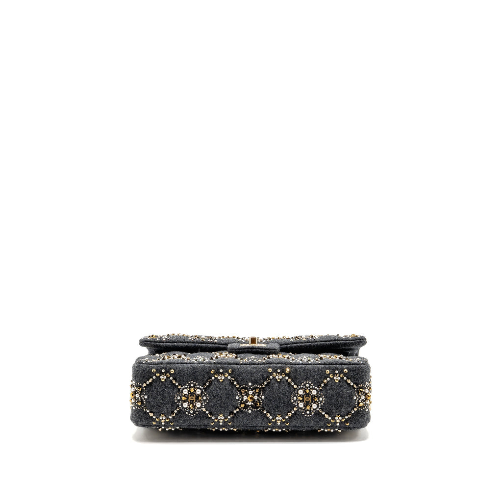 CHANEL 21A PEARL STRASS CRYSTAL MEDIUM CLASSIC DOUBLE FLAP BAG FABRIC GREY LGHW