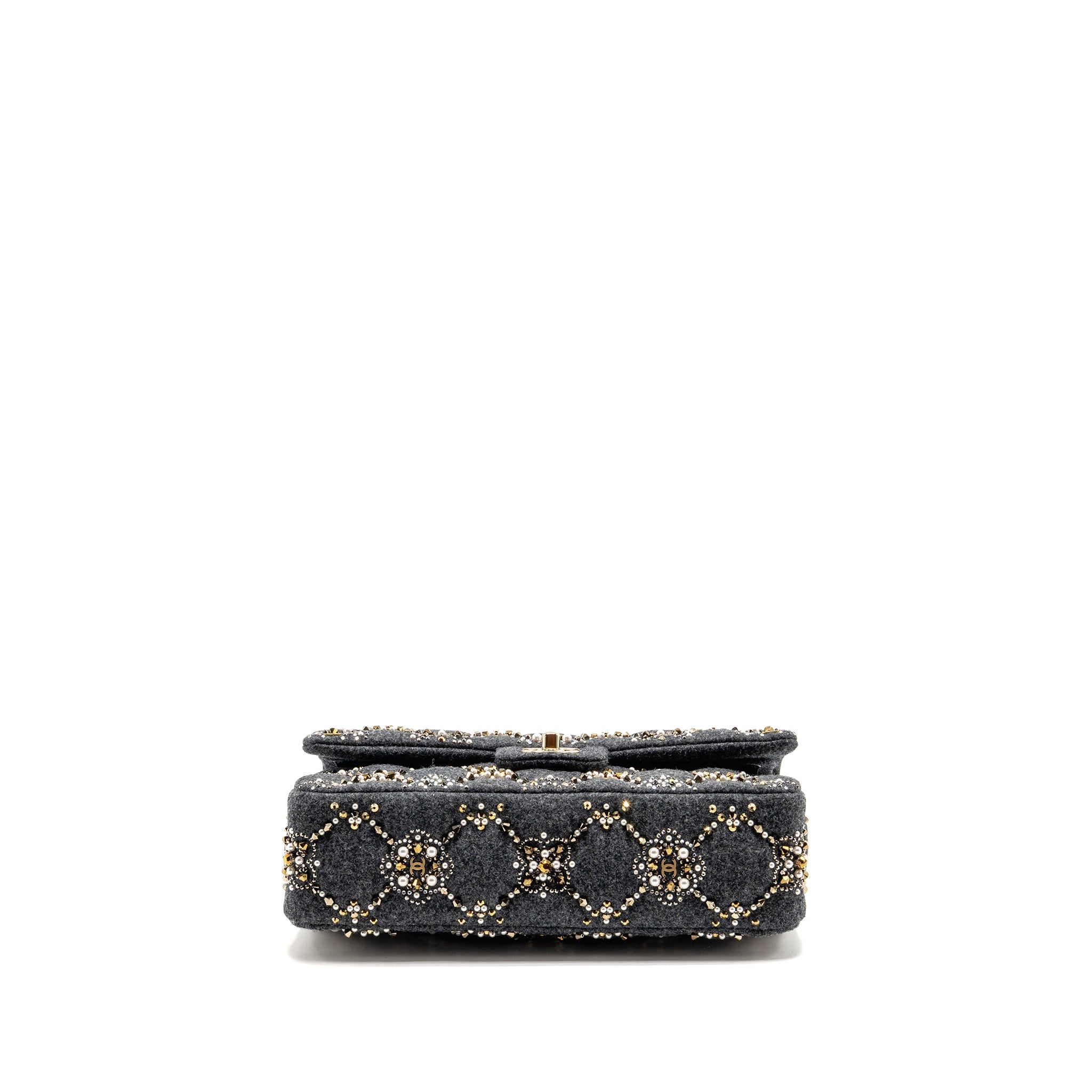CHANEL 21A PEARL STRASS CRYSTAL MEDIUM CLASSIC DOUBLE FLAP BAG FABRIC GREY LGHW