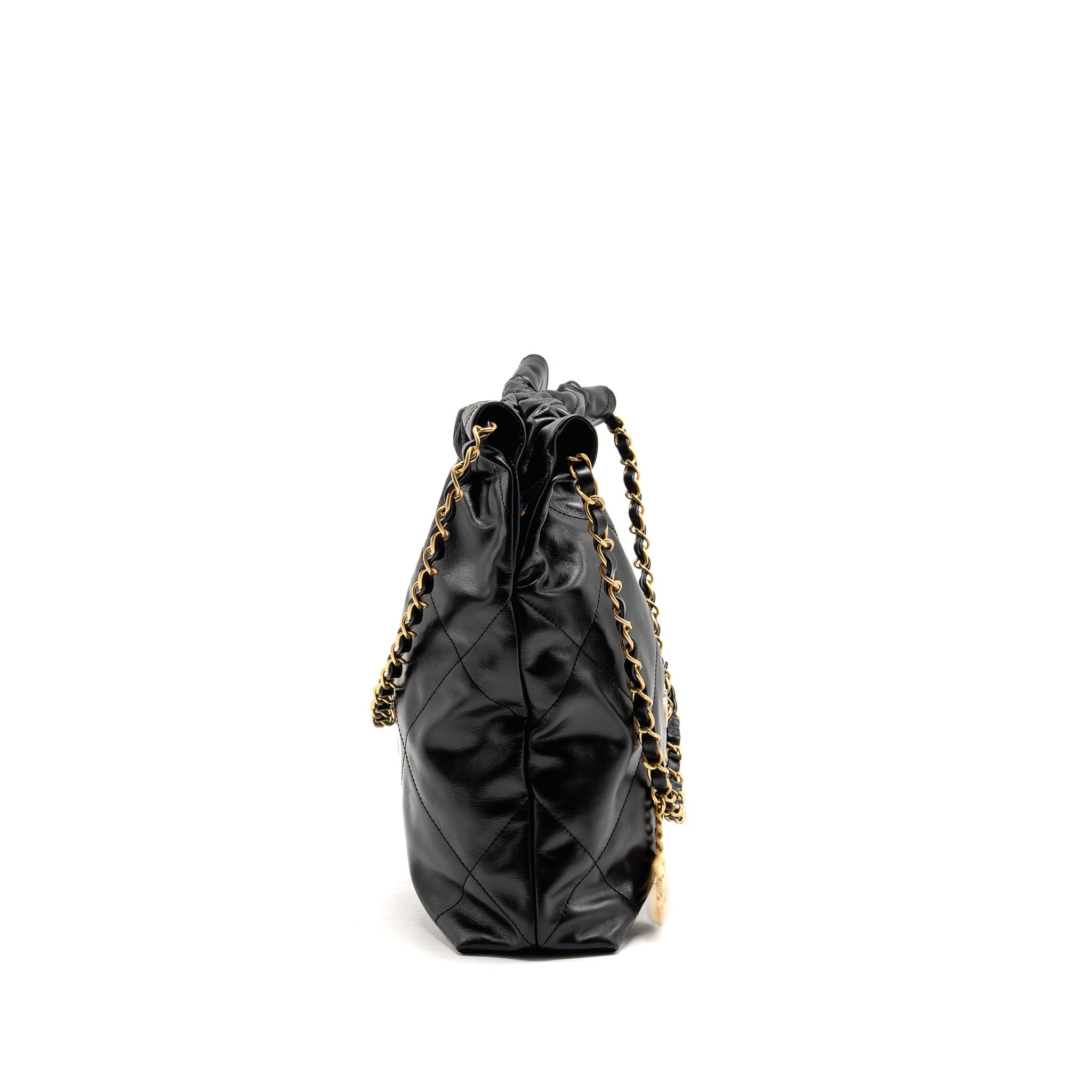 CHANEL SMALL 22 BAG WHITE LETTER SHINY CALFSKIN BLACK GHW (MICROCHIP)
