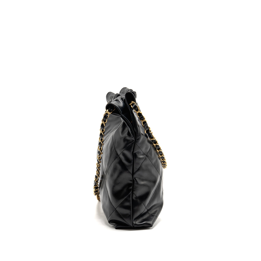 CHANEL SMALL 22 BAG WHITE LETTER SHINY CALFSKIN BLACK GHW (MICROCHIP)