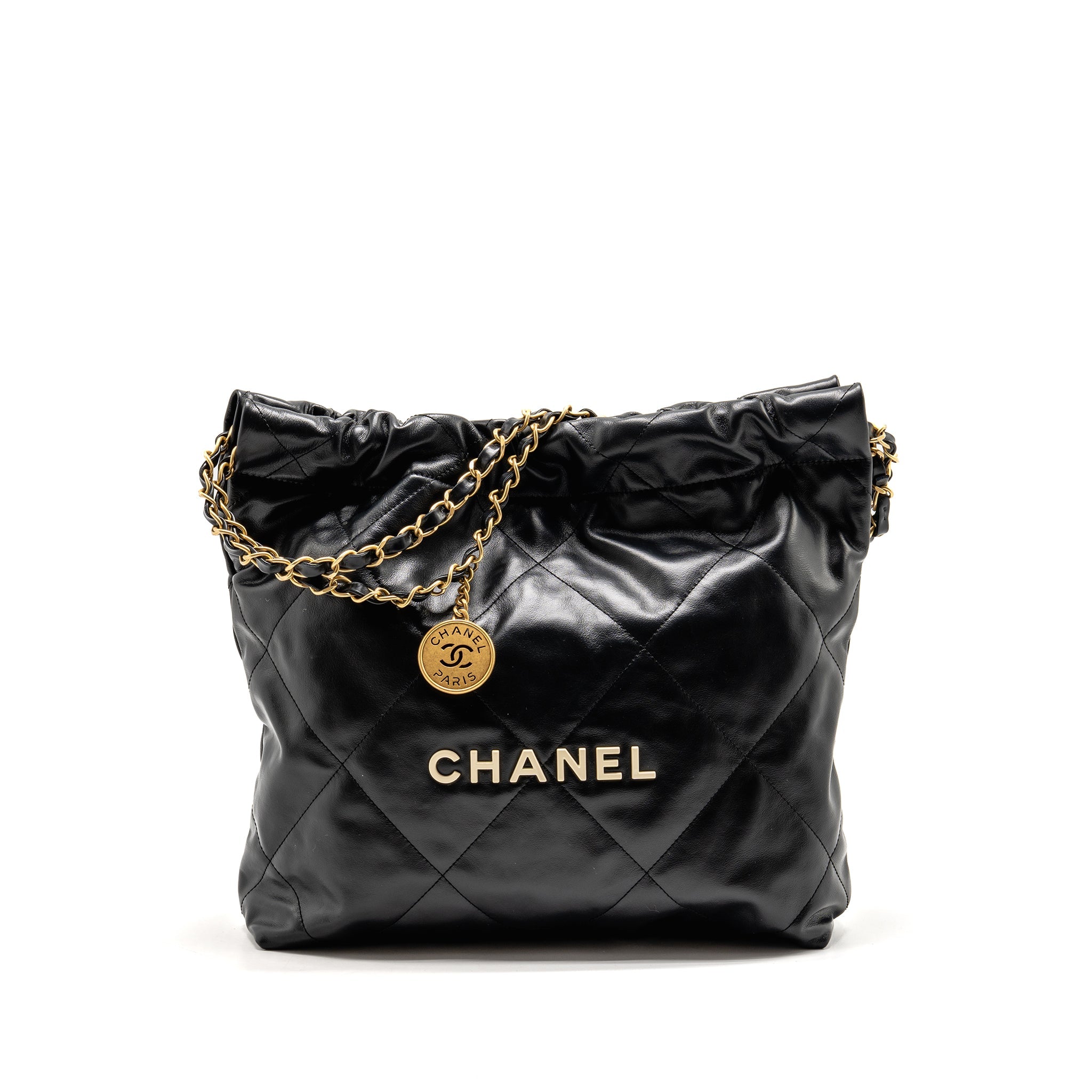 CHANEL SMALL 22 BAG WHITE LETTER SHINY CALFSKIN BLACK GHW (MICROCHIP)