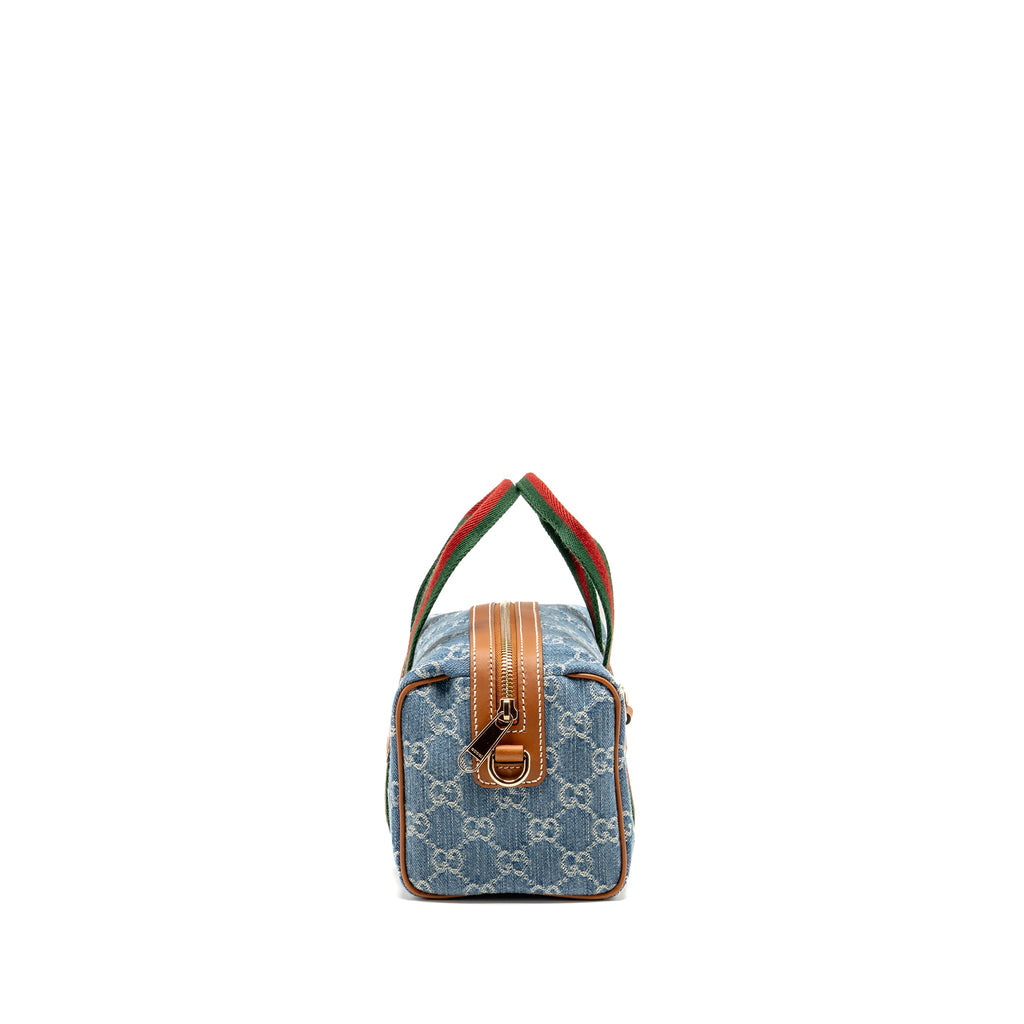GUCCI MINI GG HANDBAG GG DENIM/LEATHER LIGHT BLUE/WHITE/BROWN GHW