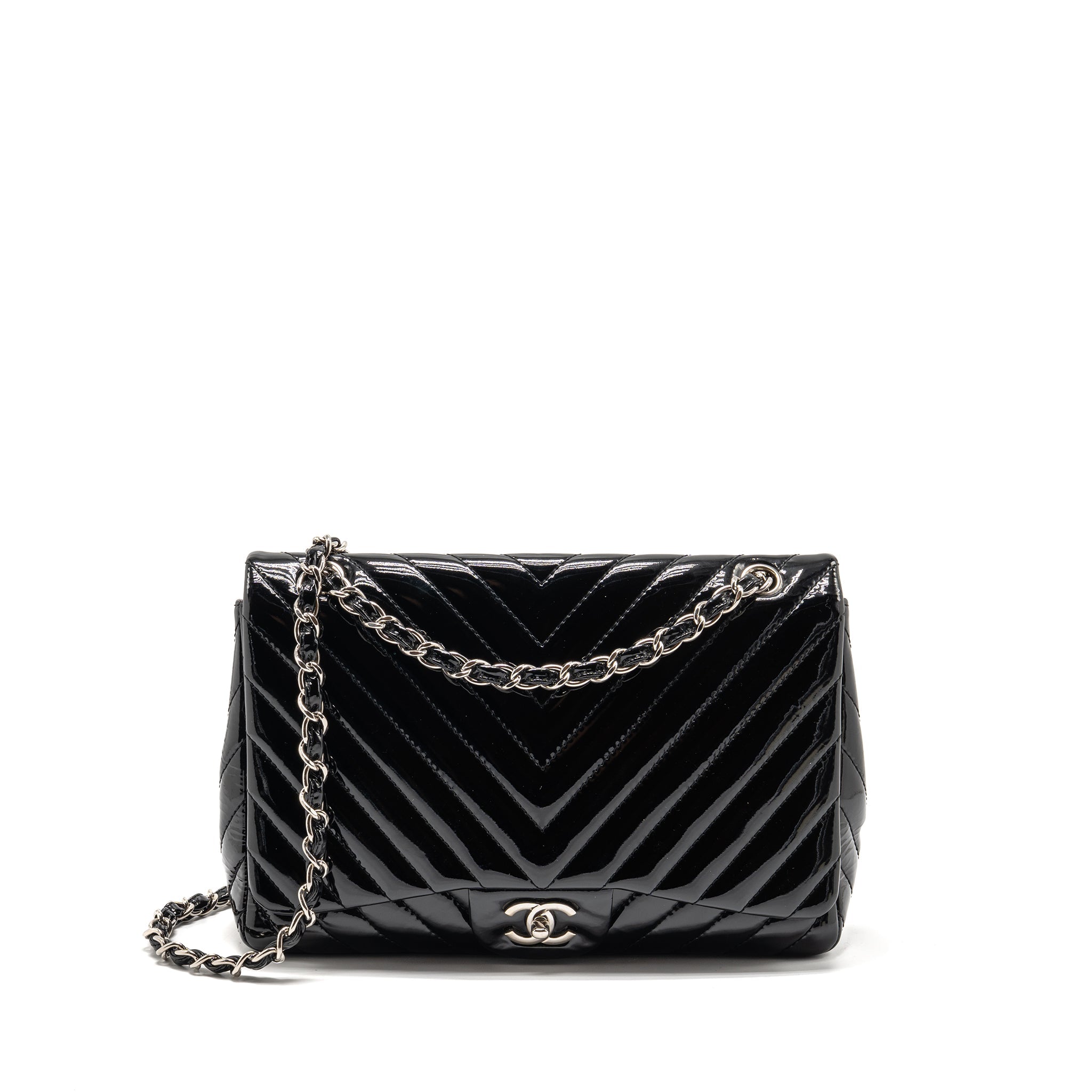 CHANEL CHEVRON JUMBO SINGLE FLAP BAG PATENT BLACK SHW