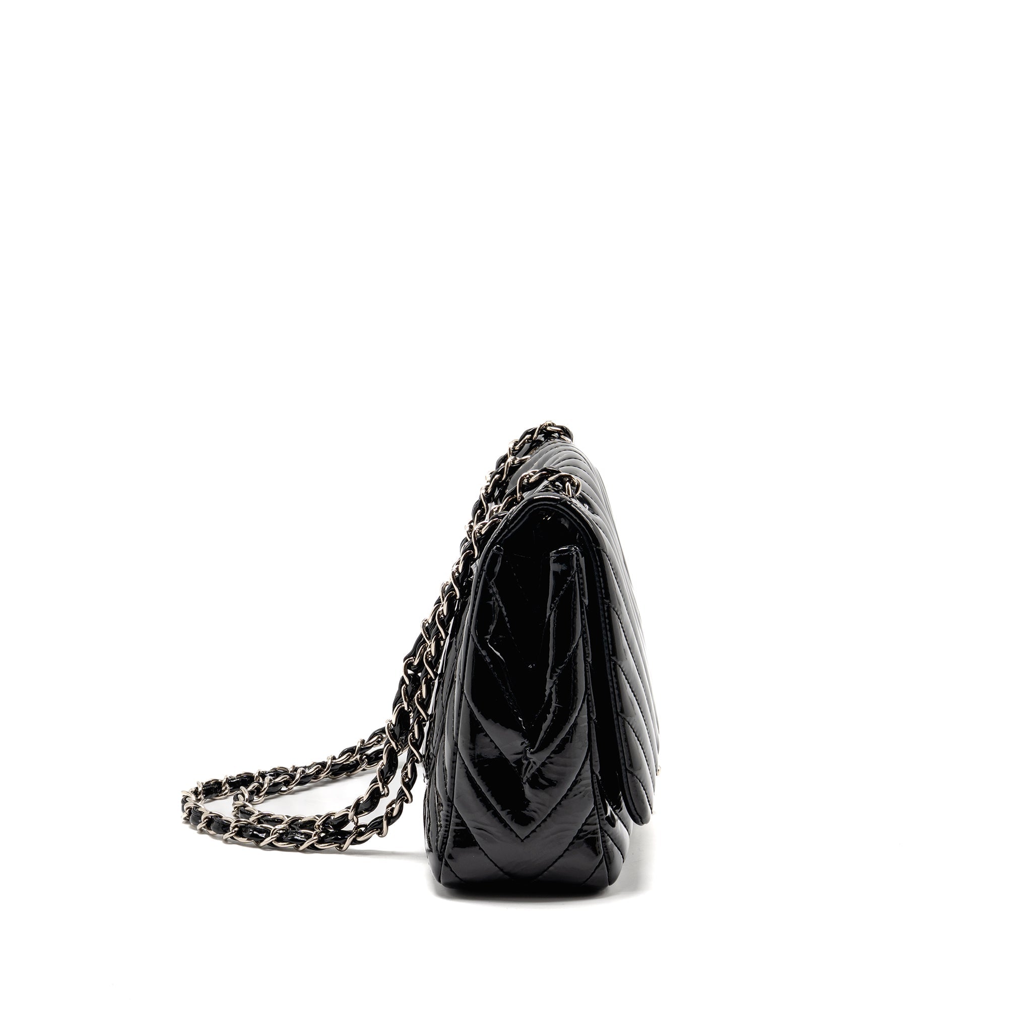 CHANEL CHEVRON JUMBO SINGLE FLAP BAG PATENT BLACK SHW