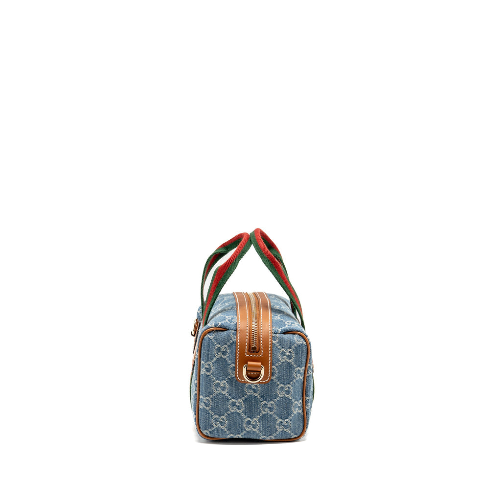 GUCCI MINI GG HANDBAG GG DENIM/LEATHER LIGHT BLUE/WHITE/BROWN GHW