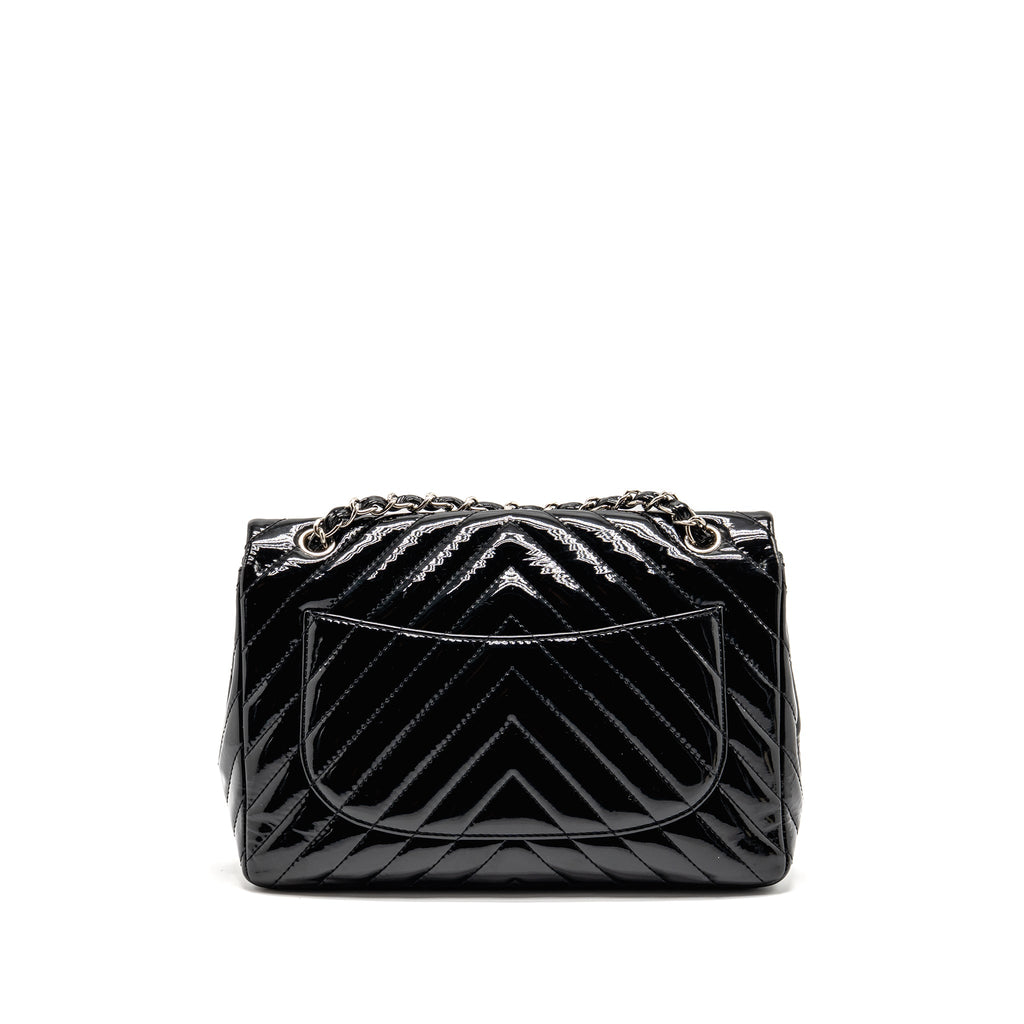 CHANEL CHEVRON JUMBO SINGLE FLAP BAG PATENT BLACK SHW