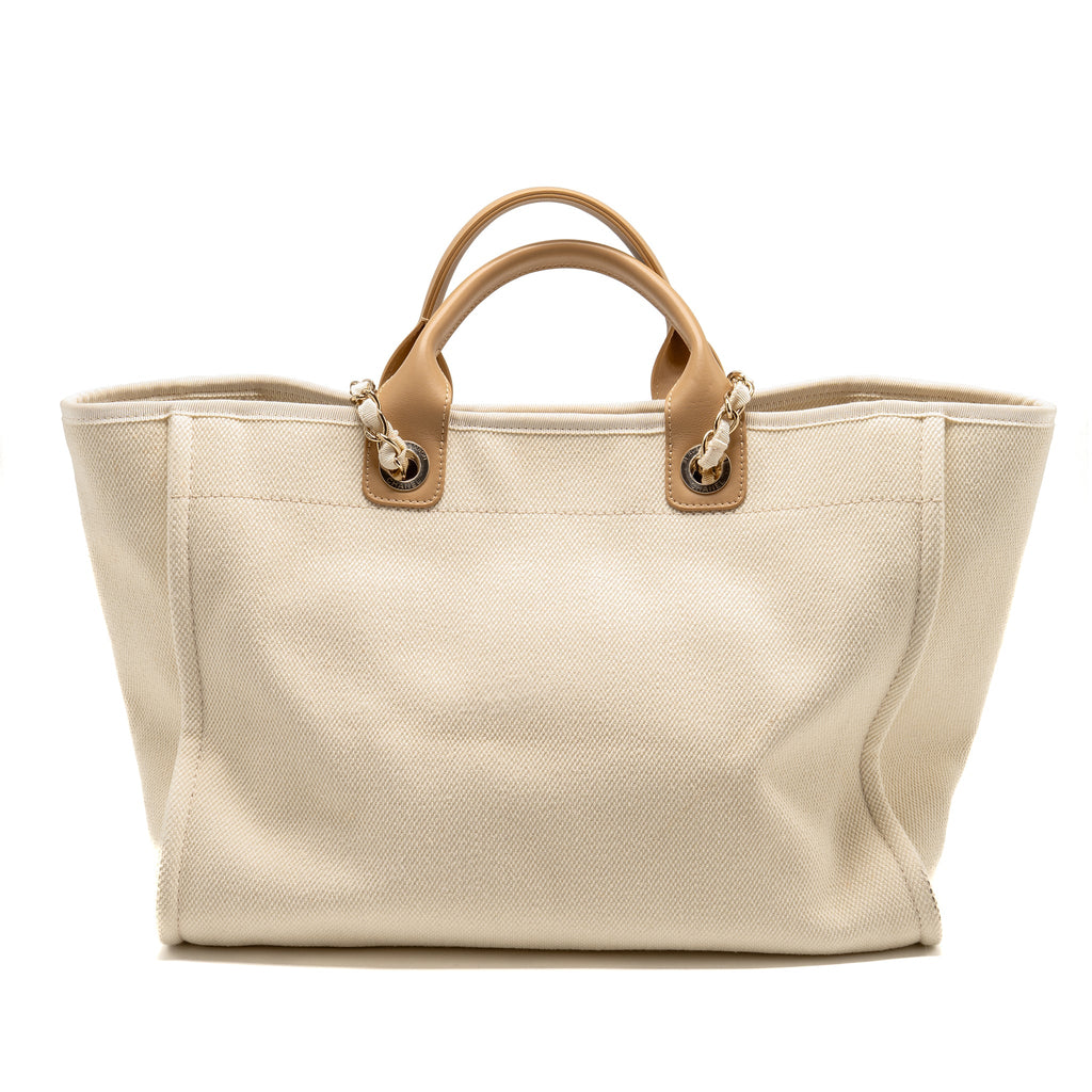 CHANEL DEAUVILLE TOTE BAG WITH PEARL LOGO FABRIC/LEATHER CREAMY WHITE/BEIGE LGHW
