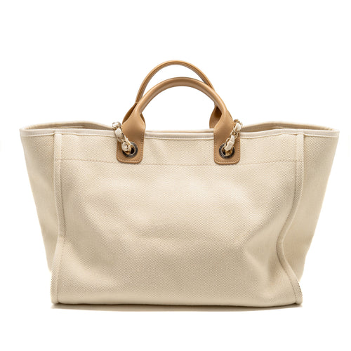 CHANEL DEAUVILLE TOTE BAG WITH PEARL LOGO FABRIC/LEATHER CREAMY WHITE/BEIGE LGHW