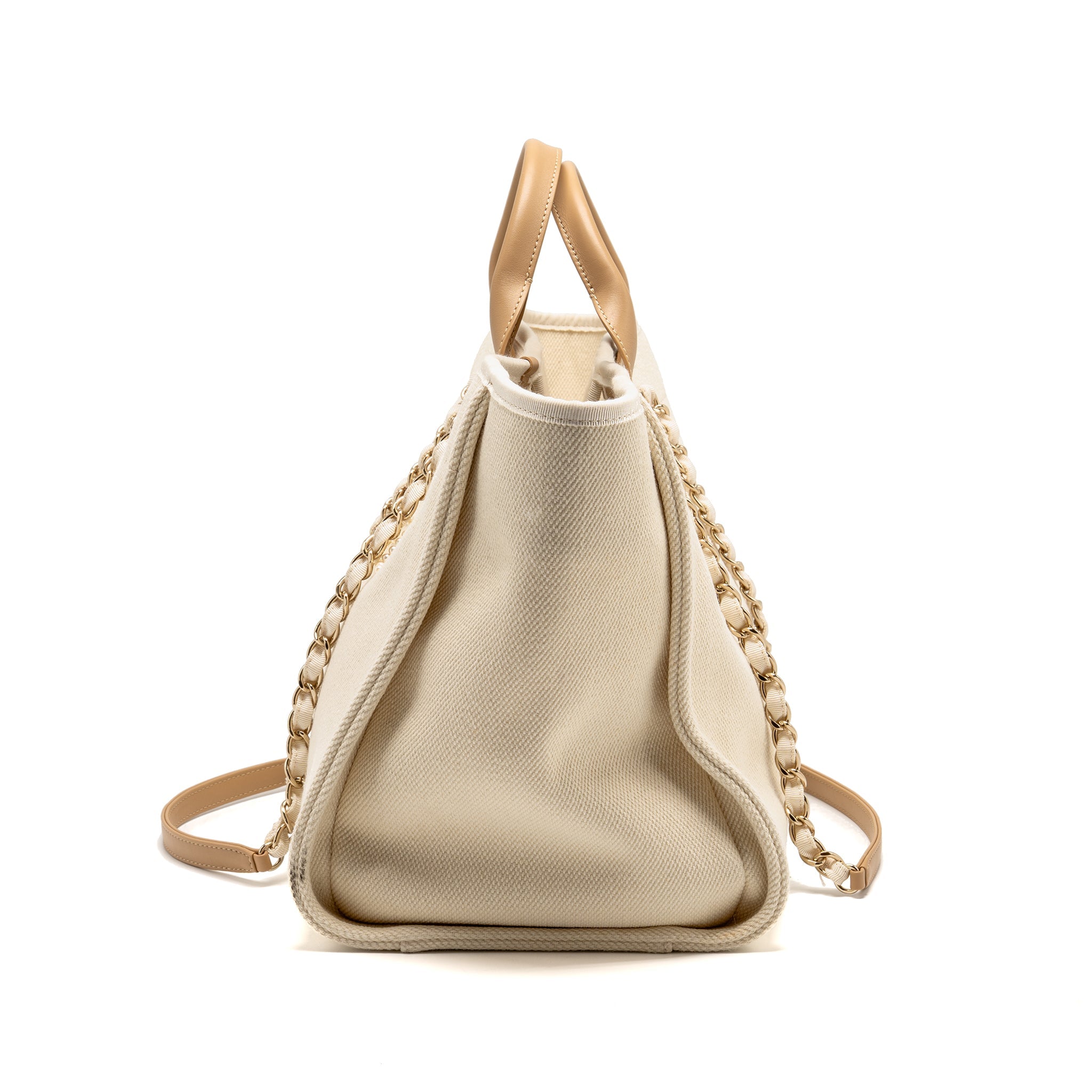 CHANEL DEAUVILLE TOTE BAG WITH PEARL LOGO FABRIC/LEATHER CREAMY WHITE/BEIGE LGHW