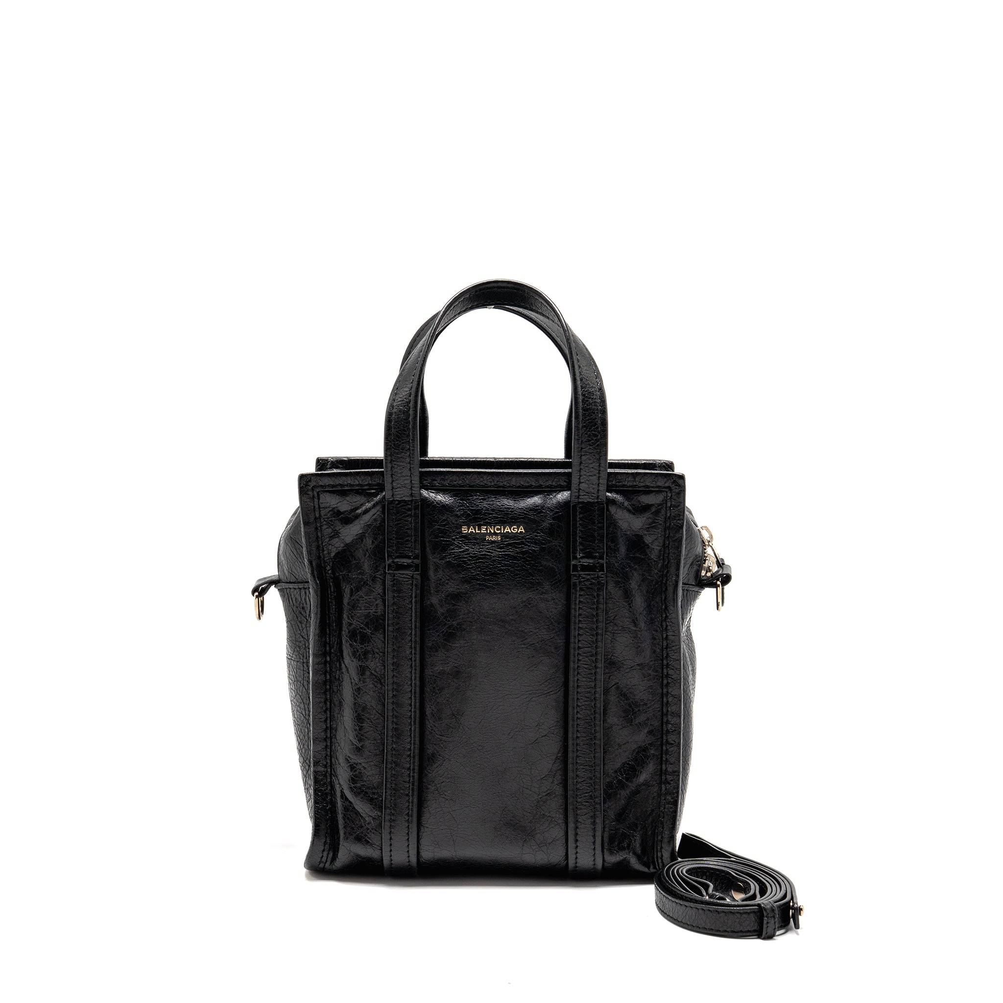 BALENCIAGA BAZAR MINI SHOPPER/TOTE BAG CRACKLED CALFSKIN BLACK SHW