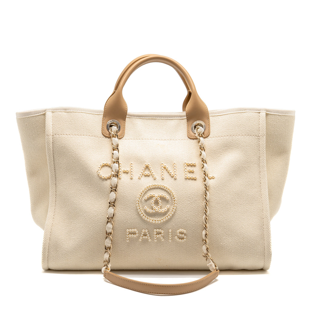 CHANEL DEAUVILLE TOTE BAG WITH PEARL LOGO FABRIC/LEATHER CREAMY WHITE/BEIGE LGHW