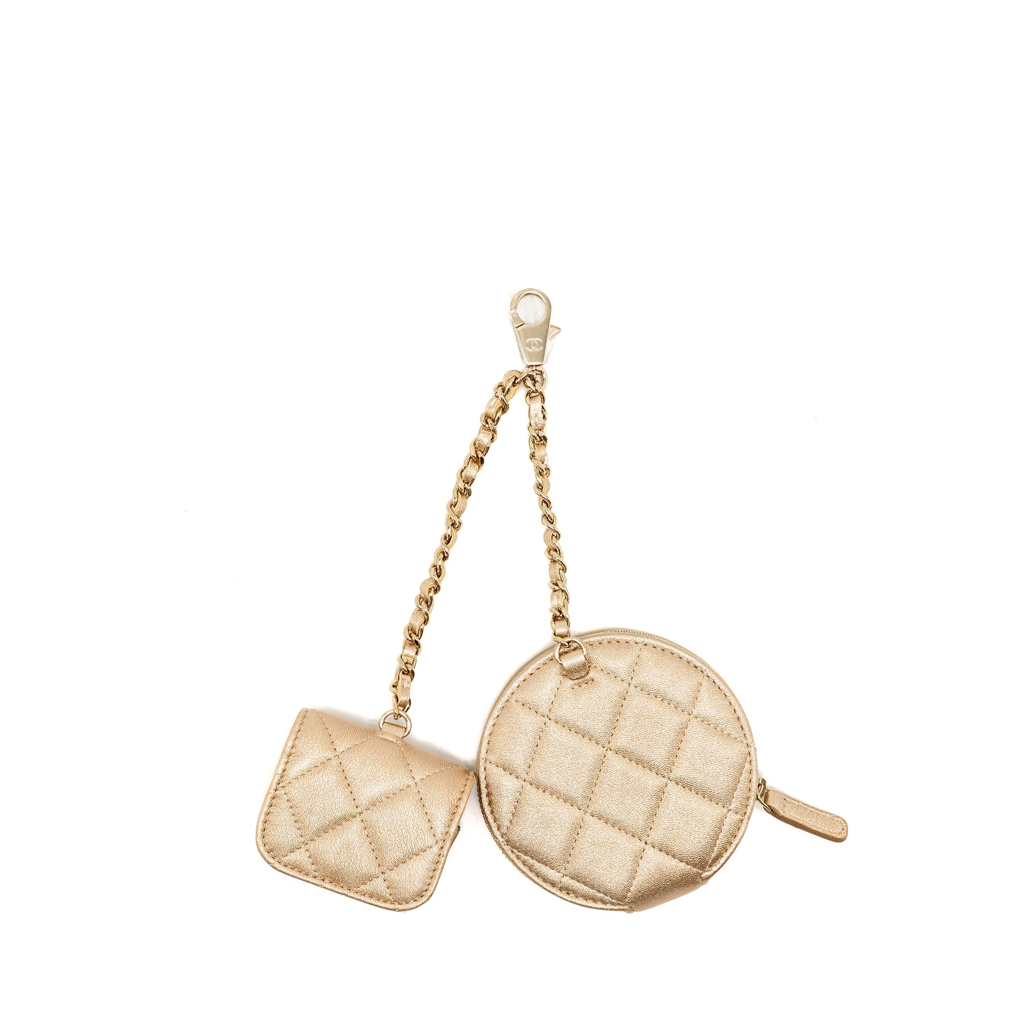 CHANEL 25C COIN POUCH AND AIRPODS CASE METALLIC LAMBSKIN GOLD GHW (MICROCHIP)