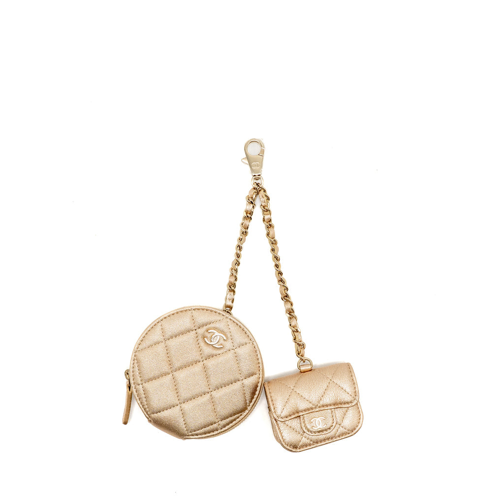 CHANEL 25C COIN POUCH AND AIRPODS CASE METALLIC LAMBSKIN GOLD GHW (MICROCHIP)