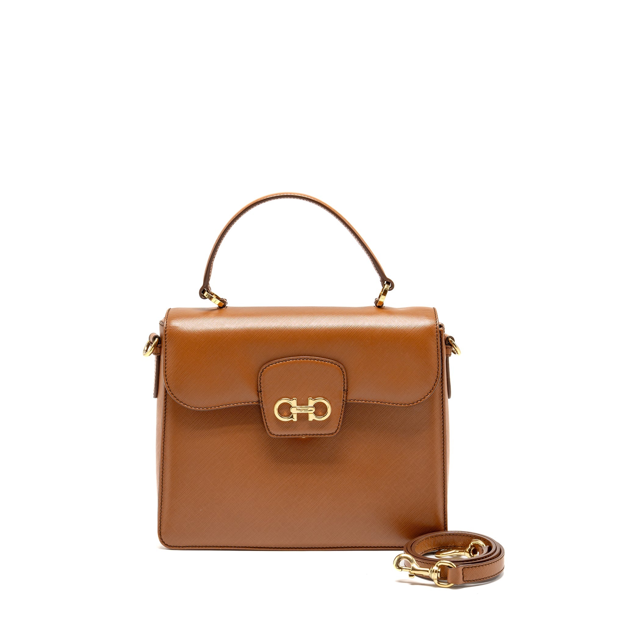 SALVATORE FERRAGAMO TOP HANDLE GANCINI BAG CALFSKIN TAN GHW