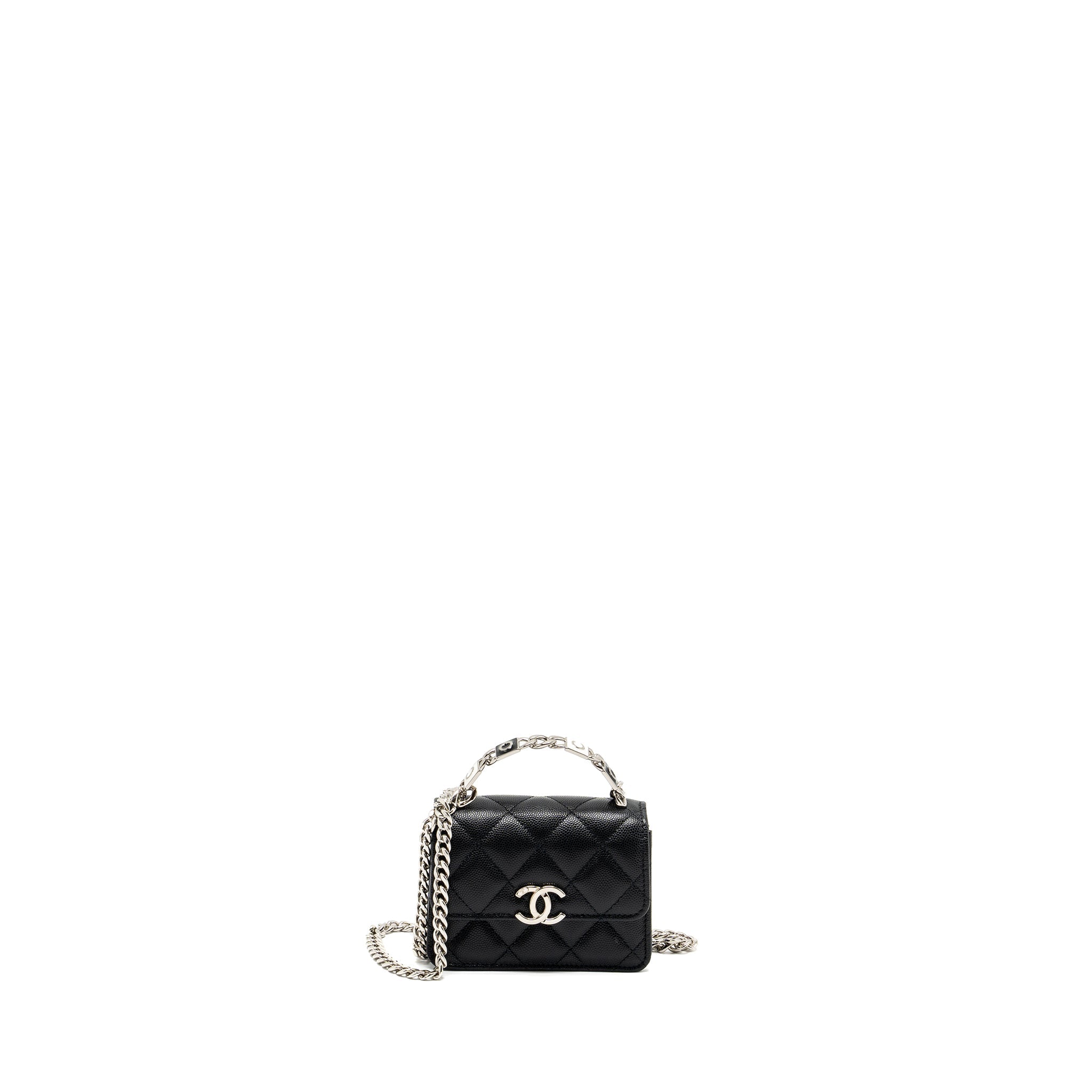 CHANEL 22S COCO LETTERING MINI FLAP BAG WITH ENAMEL TOP HANDLE CAVIAR BLACK SHW
