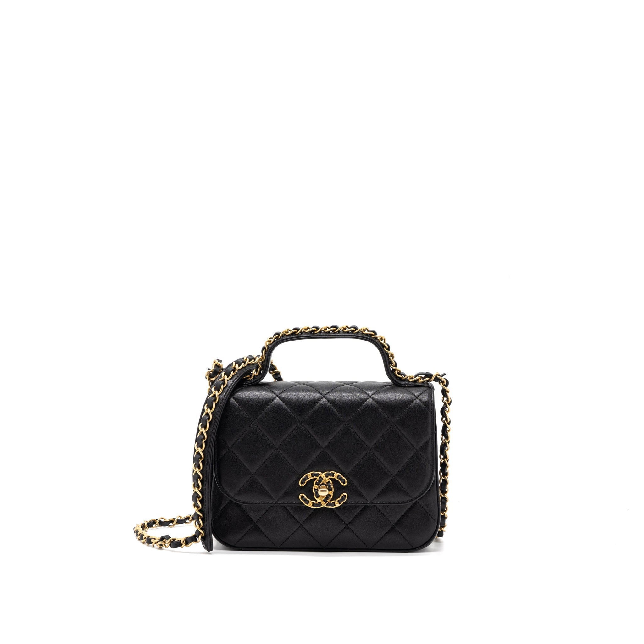 CHANEL TOP HANDLE FLAP BAG DETAILED LOGO GOATSKIN BLACK GHW