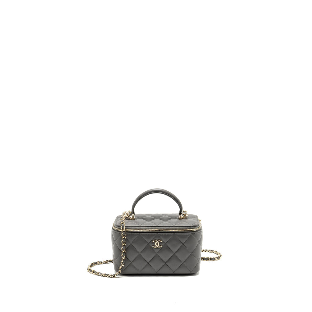 CHANEL LONG VANITY CASE LAMBSKIN GREY LGHW (MICROCHIP)