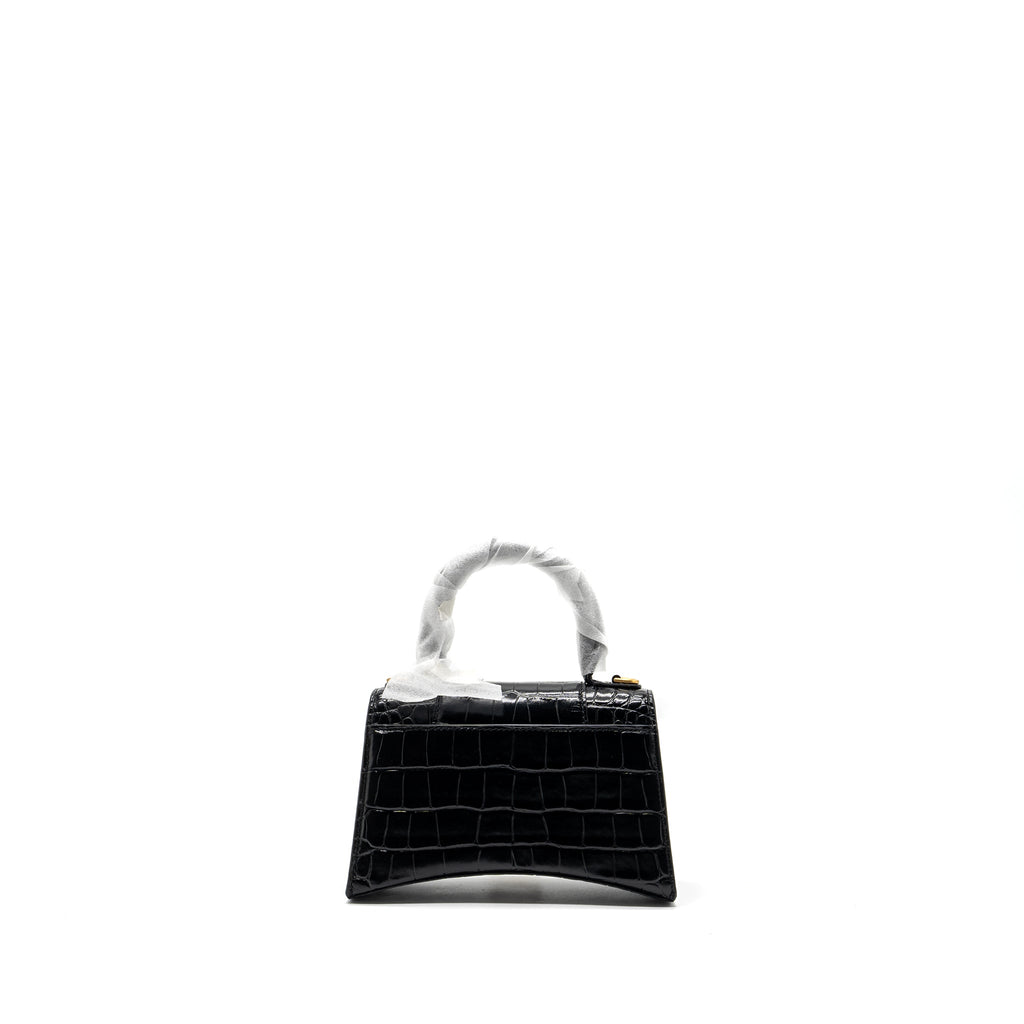 BALENCIAGA HOURGLASS XS HANDBAG CROCODILE EMBOSSED BLACK GHW