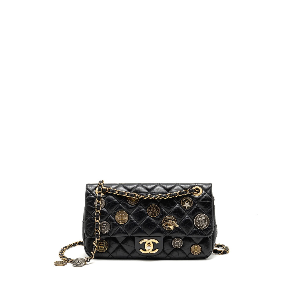 CHANEL MEDALLION QUILTED FLAP BAG AGED CALFSKIN BLACK MULTICOLOUR HARDWARE
