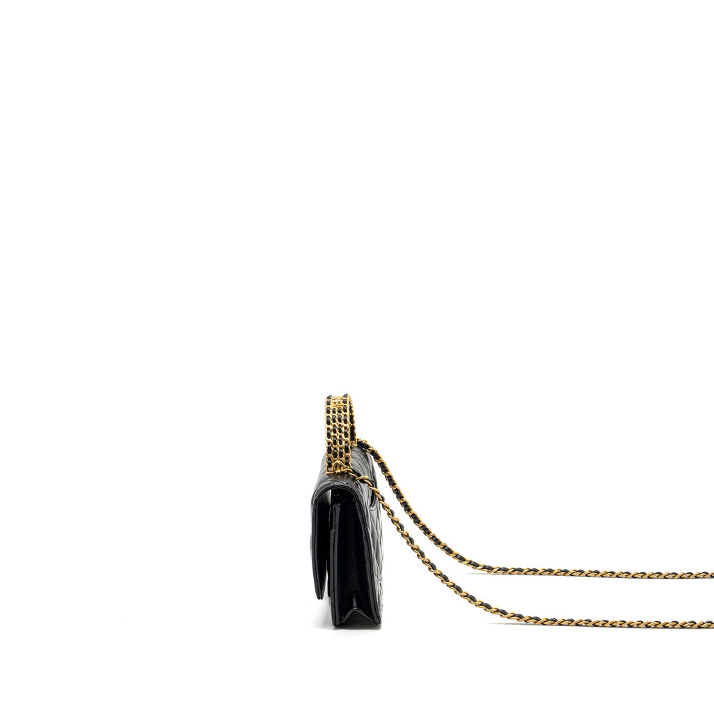 CHANEL LETTER LOGO TOP HANDLE FLAP WALLET ON CHAIN SHINY CALFSKIN BLACK GHW (MICROCHIP)