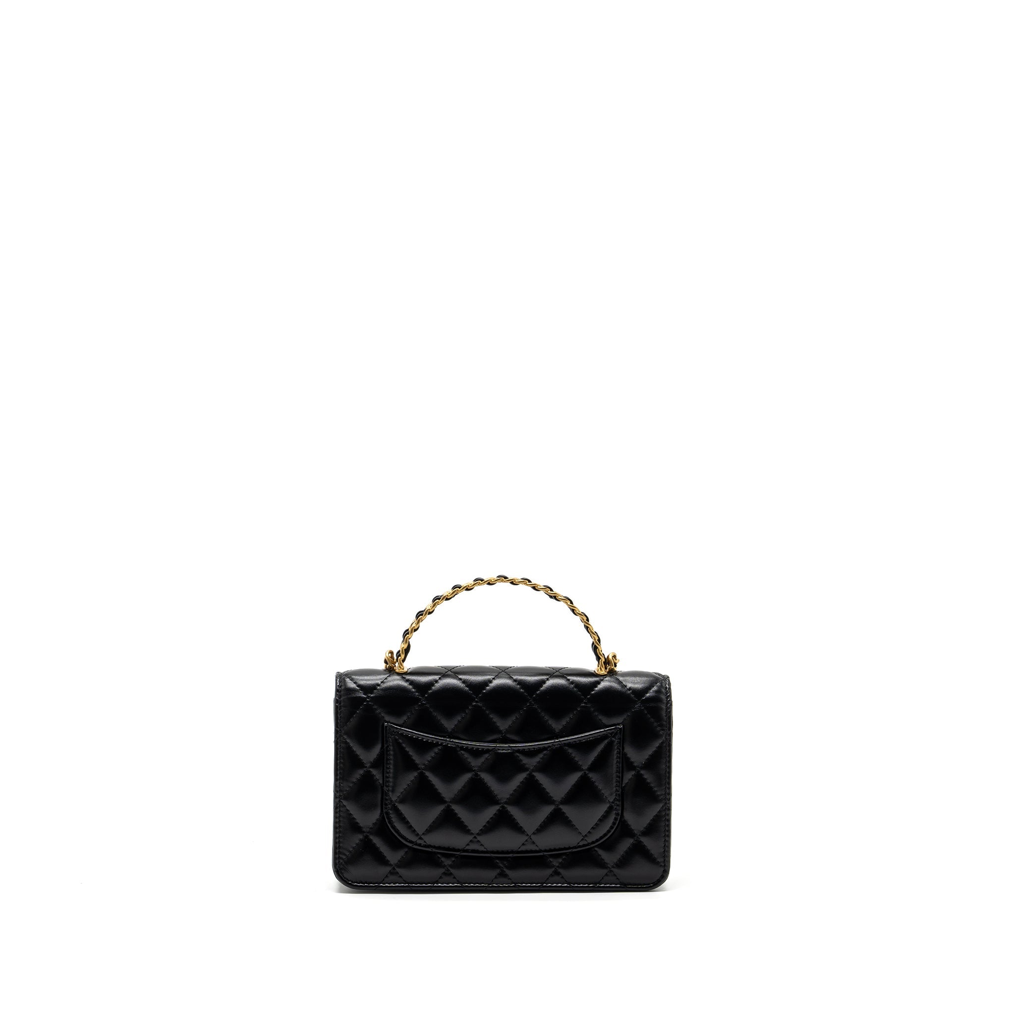 CHANEL LETTER LOGO TOP HANDLE FLAP WALLET ON CHAIN SHINY CALFSKIN BLACK GHW (MICROCHIP)