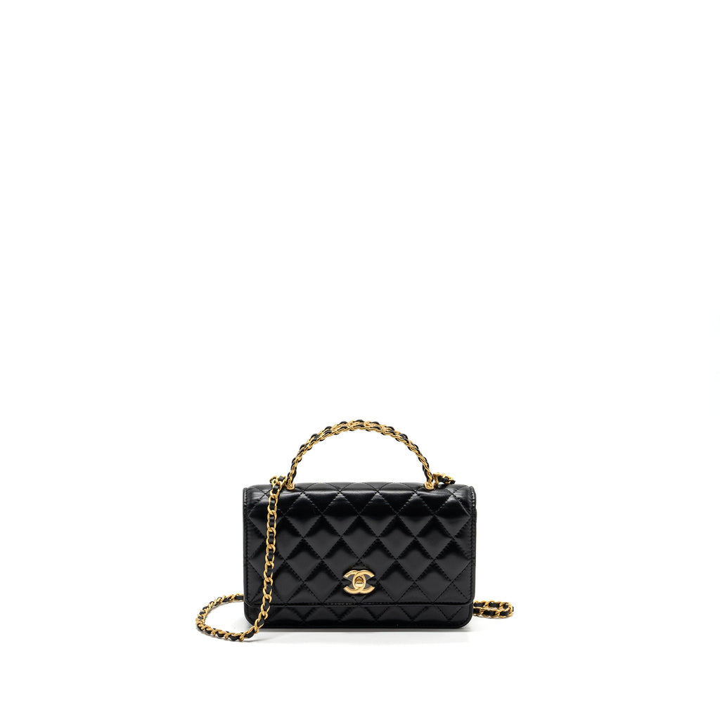 CHANEL LETTER LOGO TOP HANDLE FLAP WALLET ON CHAIN SHINY CALFSKIN BLACK GHW (MICROCHIP)