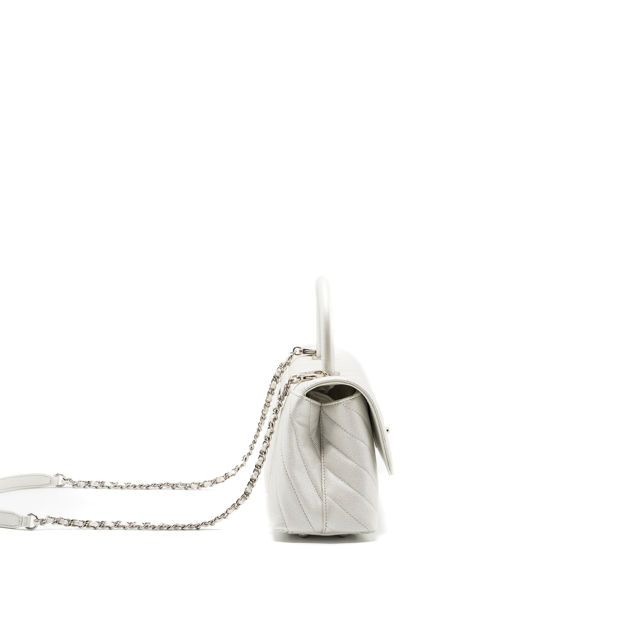 CHANEL CHEVRON SMALL COCO HANDLE CAVIAR IRIDESCENT WHITE SHW