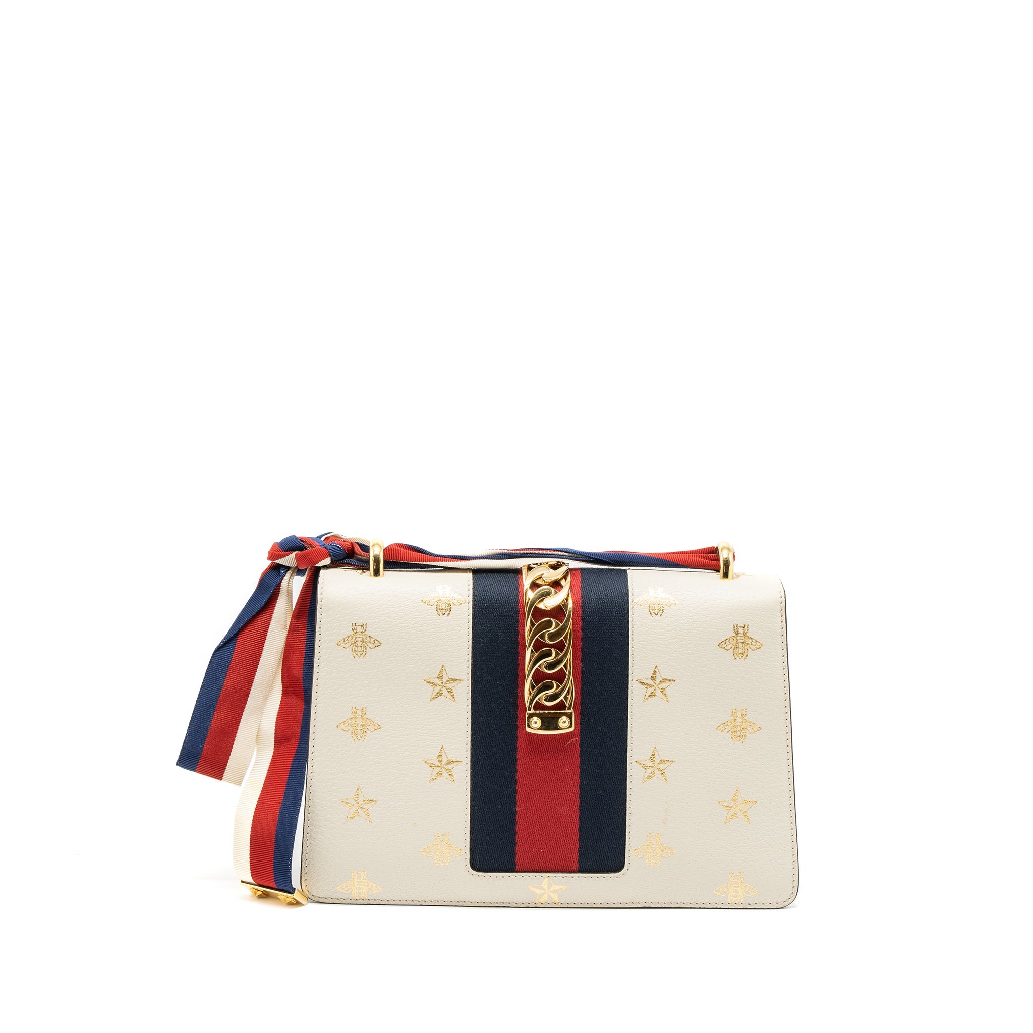 GUCCI SMALL SYLVIE BAG BEE PRINTED CALFSKIN WHITE GHW