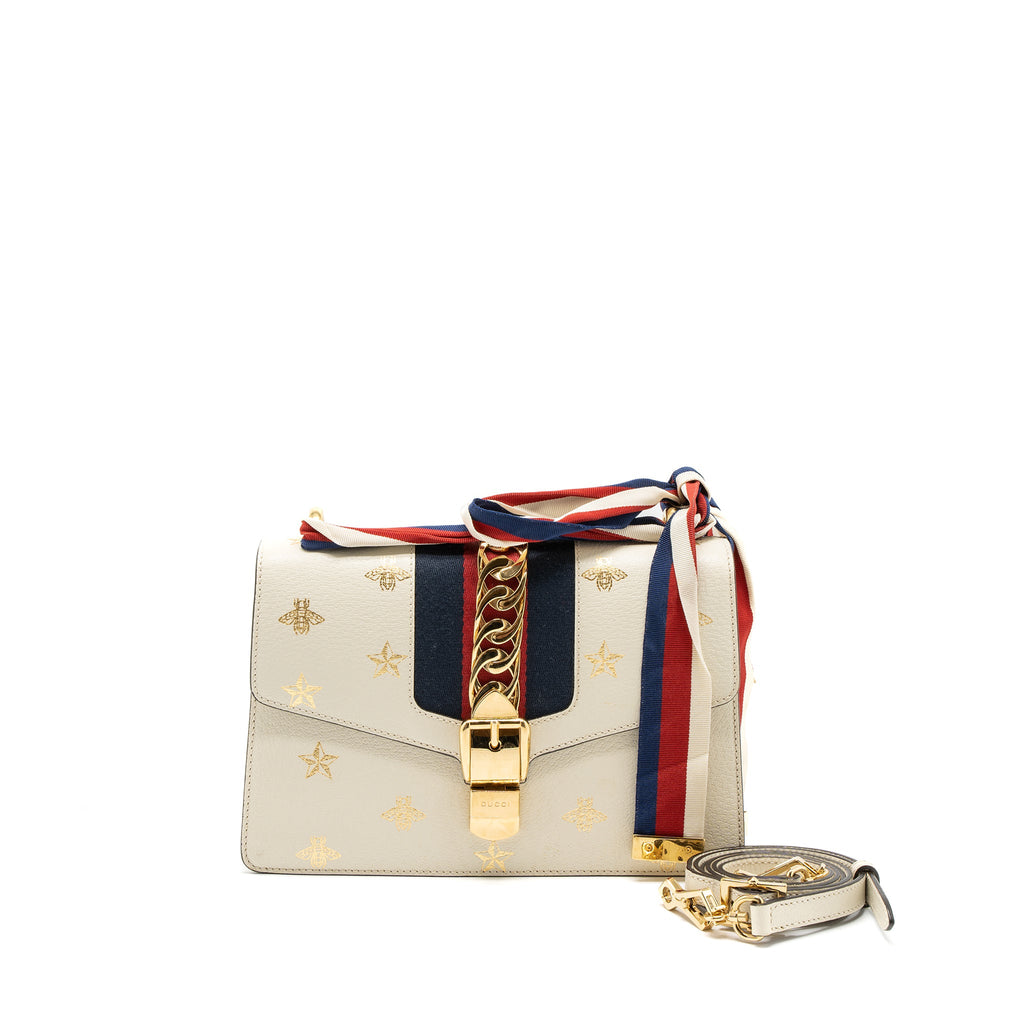 GUCCI SMALL SYLVIE BAG BEE PRINTED CALFSKIN WHITE GHW