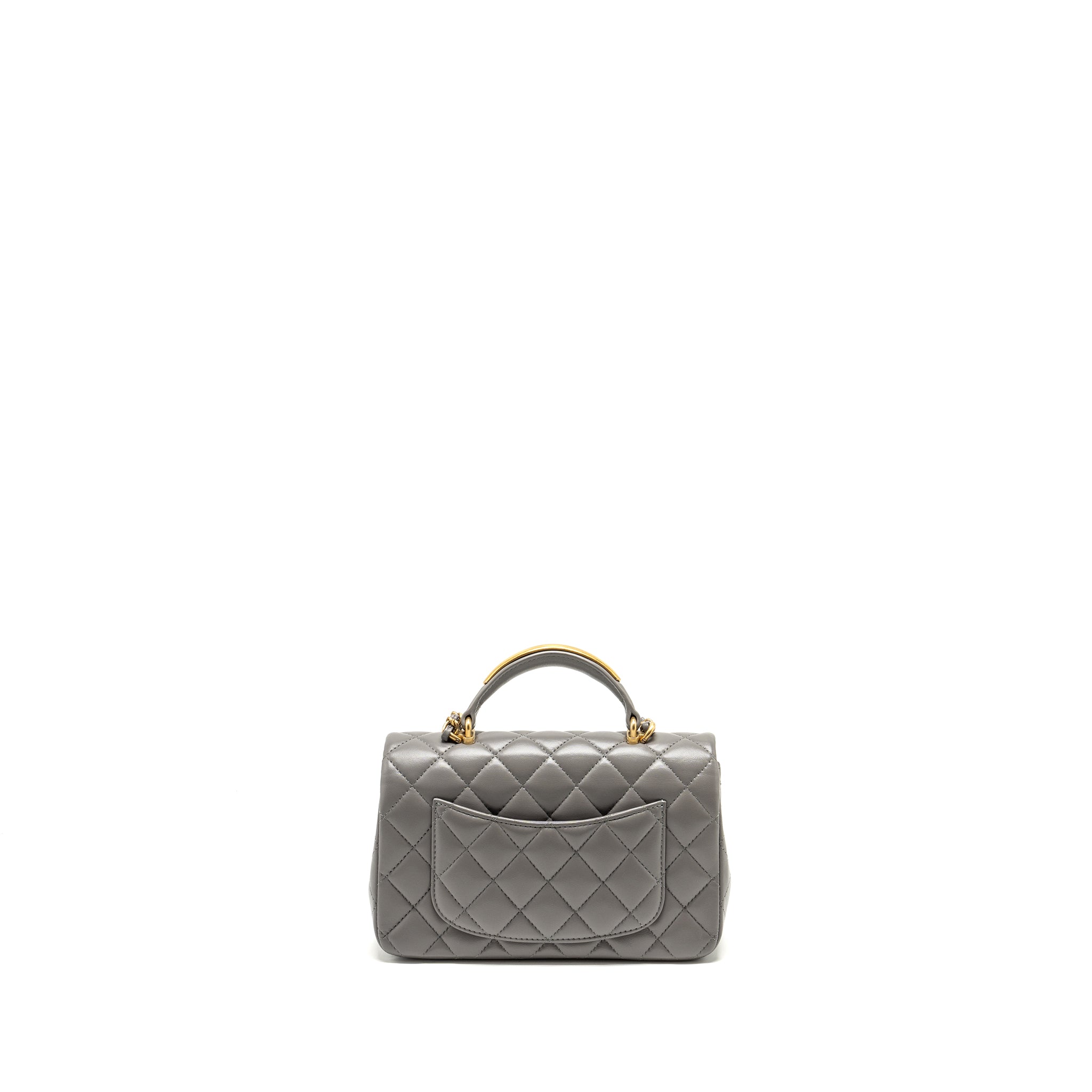 CHANEL 22K METAL TOP HANDLE MINI RECTANGULAR FLAP BAG LAMBSKIN GREY GHW (MICROCHIP)